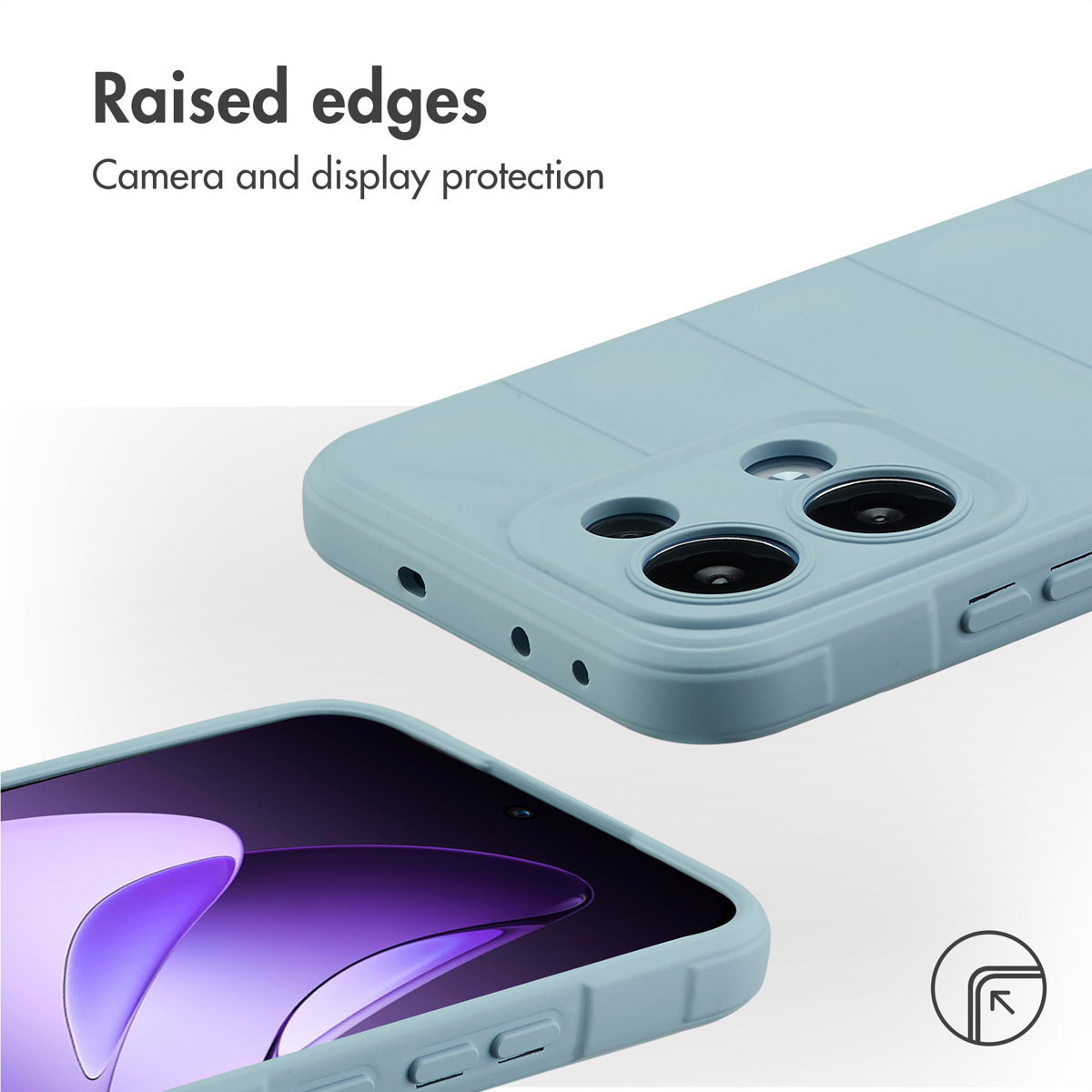 Custodia per telefono azzurro con bordi rialzati per proteggere fotocamera e display.