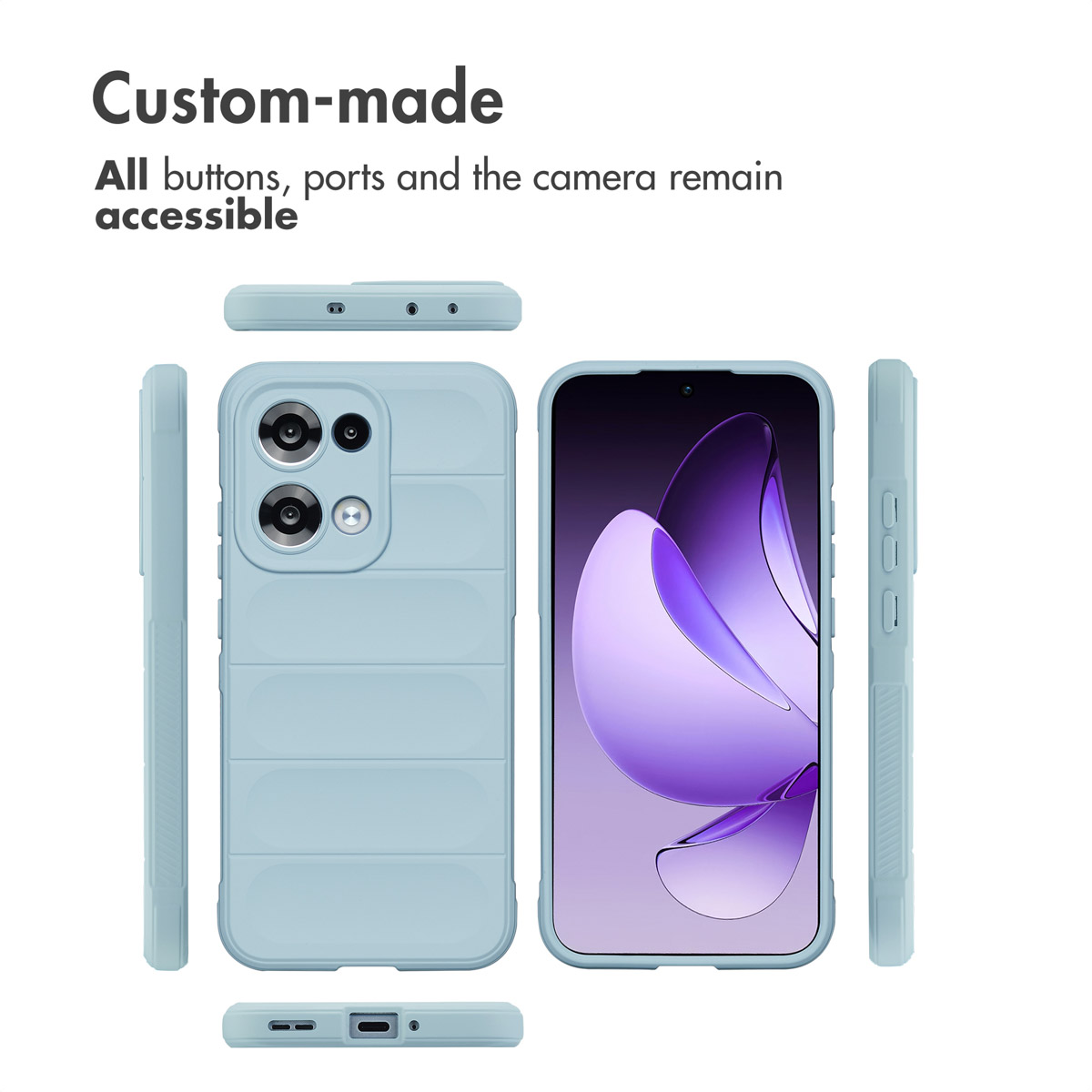 Una custodia per smartphone azzurra mostrata da più angolazioni con aperture e tasti.