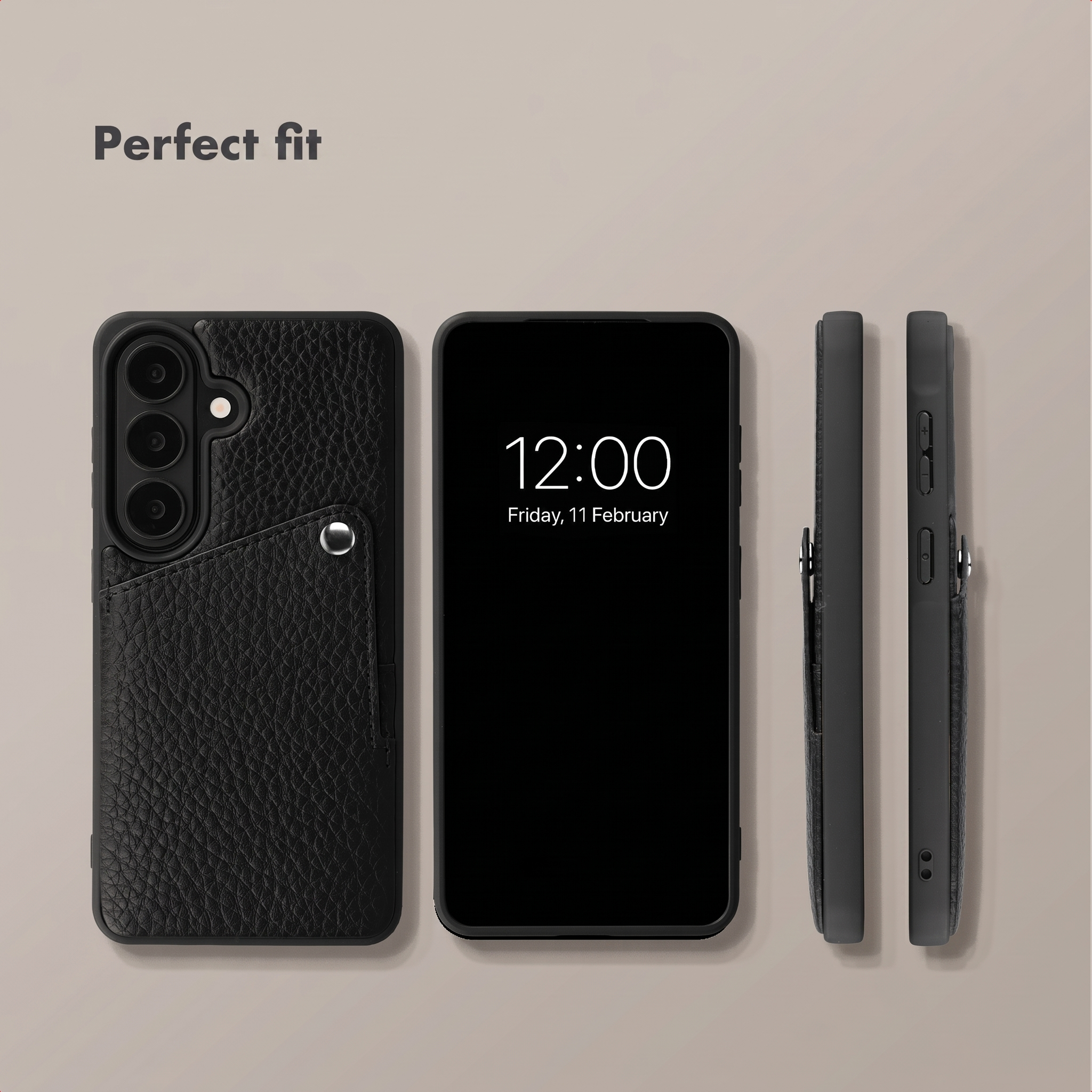 Eine schwarze Lederschutzhülle für Smartphones im Rück-, Front- und Seitenansicht vor grauem Hintergrund.