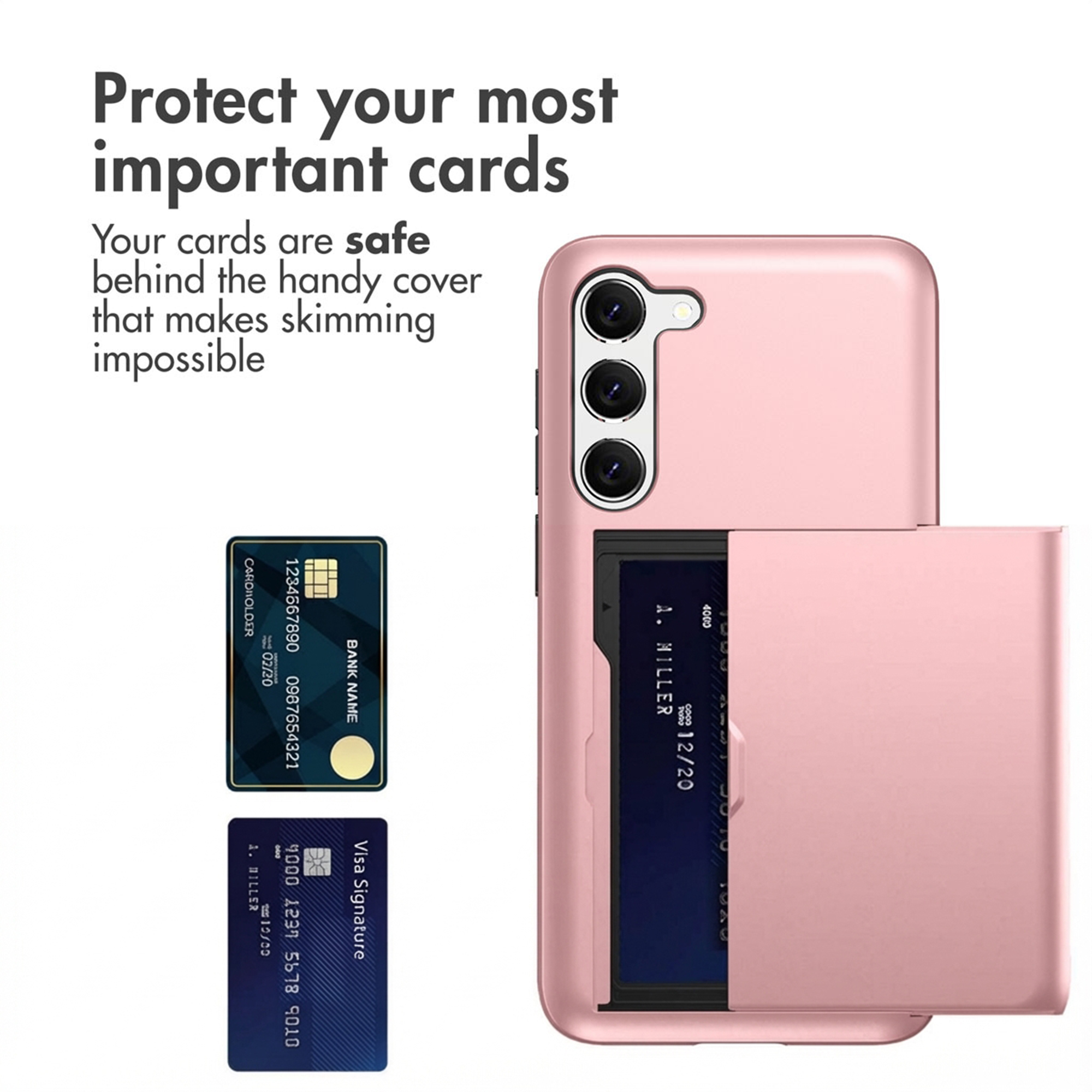 Un teléfono rosa con ranura para tarjetas y una tarjeta de crédito, junto con otras dos tarjetas.