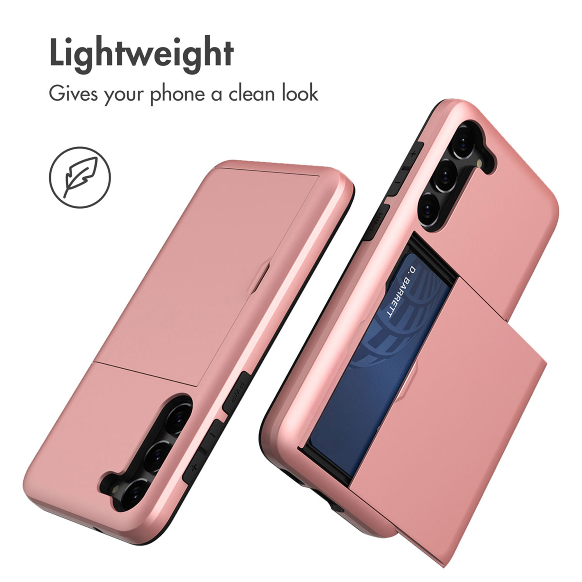 Dos fundas rosas para smartphone, una mostrando la parte trasera y otra con tarjetero abierto.