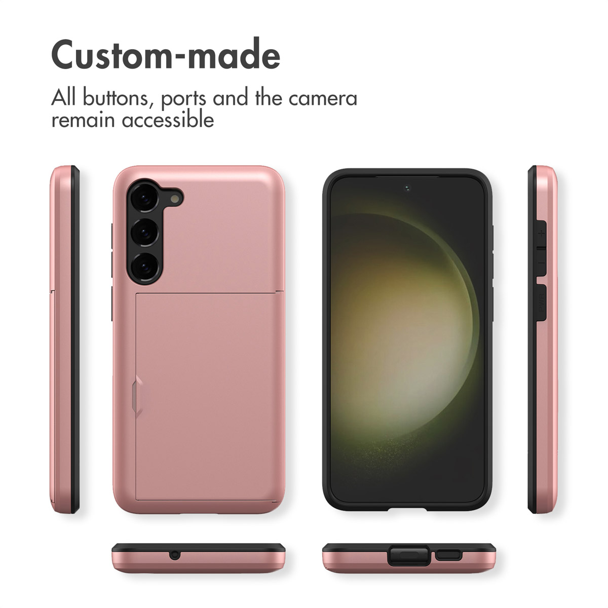 Funda de móvil rosa vista desde varios ángulos con tarjetero y botones accesibles.
