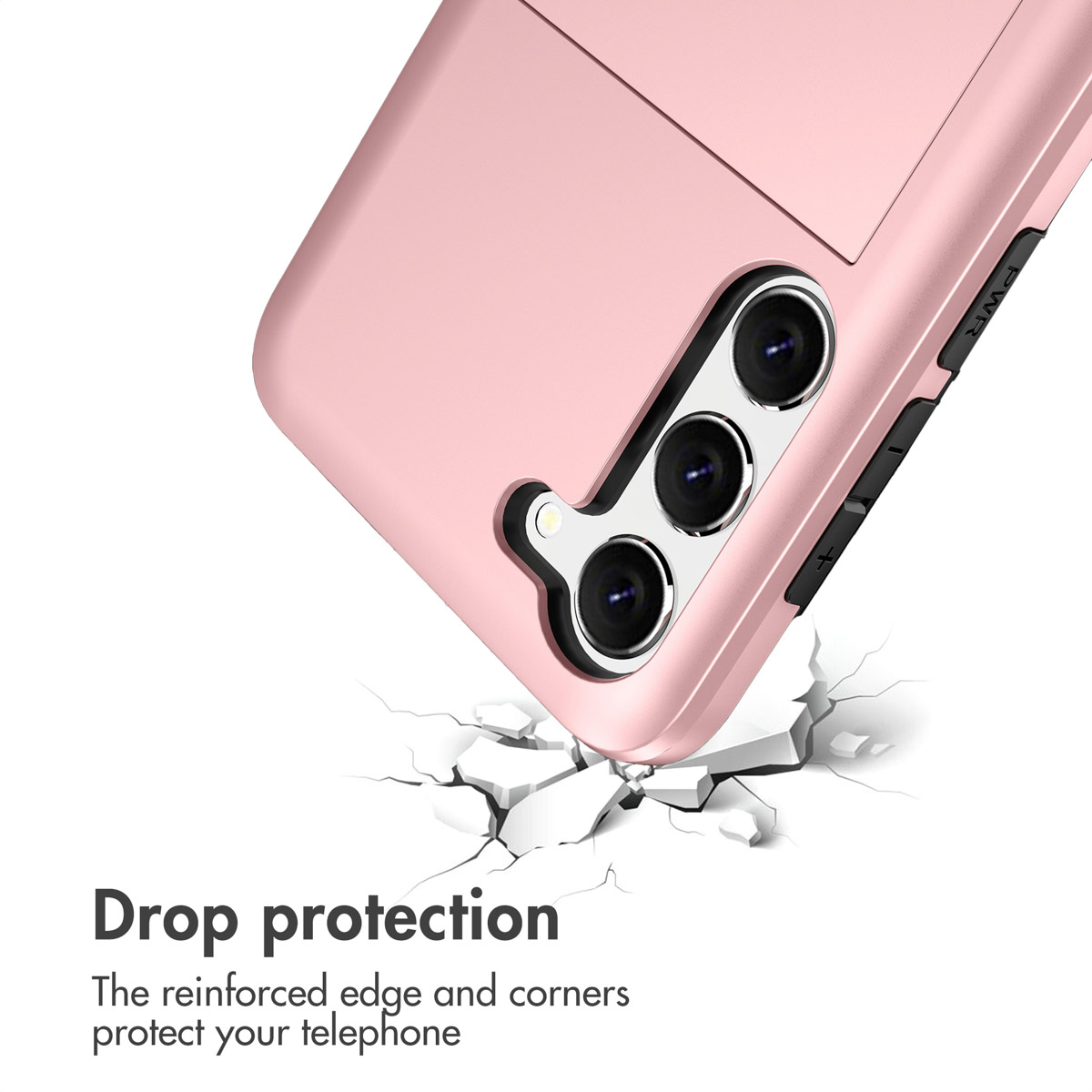 Funda de teléfono rosa con tres lentes y gráfico de protección anticaídas.