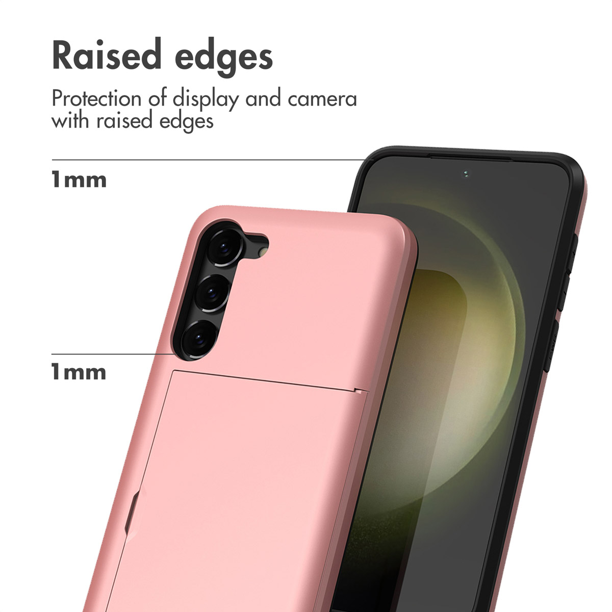 Funda rosa con tarjetero y bordes elevados de 1 mm para proteger la pantalla y la cámara.