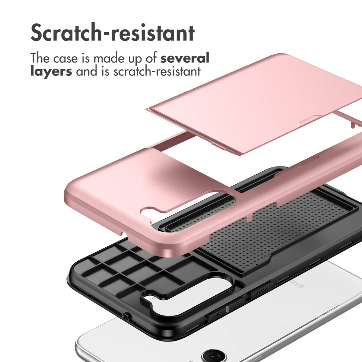 Vista explosionada de una funda rosa multicapa resistente a los arañazos sobre un smartphone.