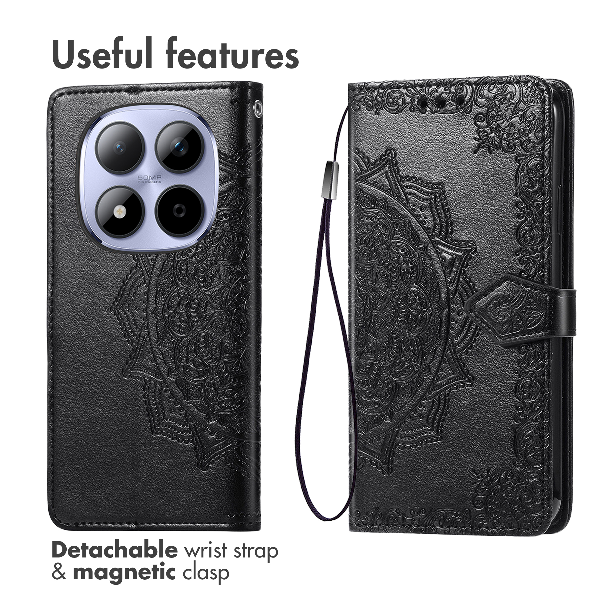 Custodia per telefono in pelle nera goffrata con laccetto e chiusura magnetica.