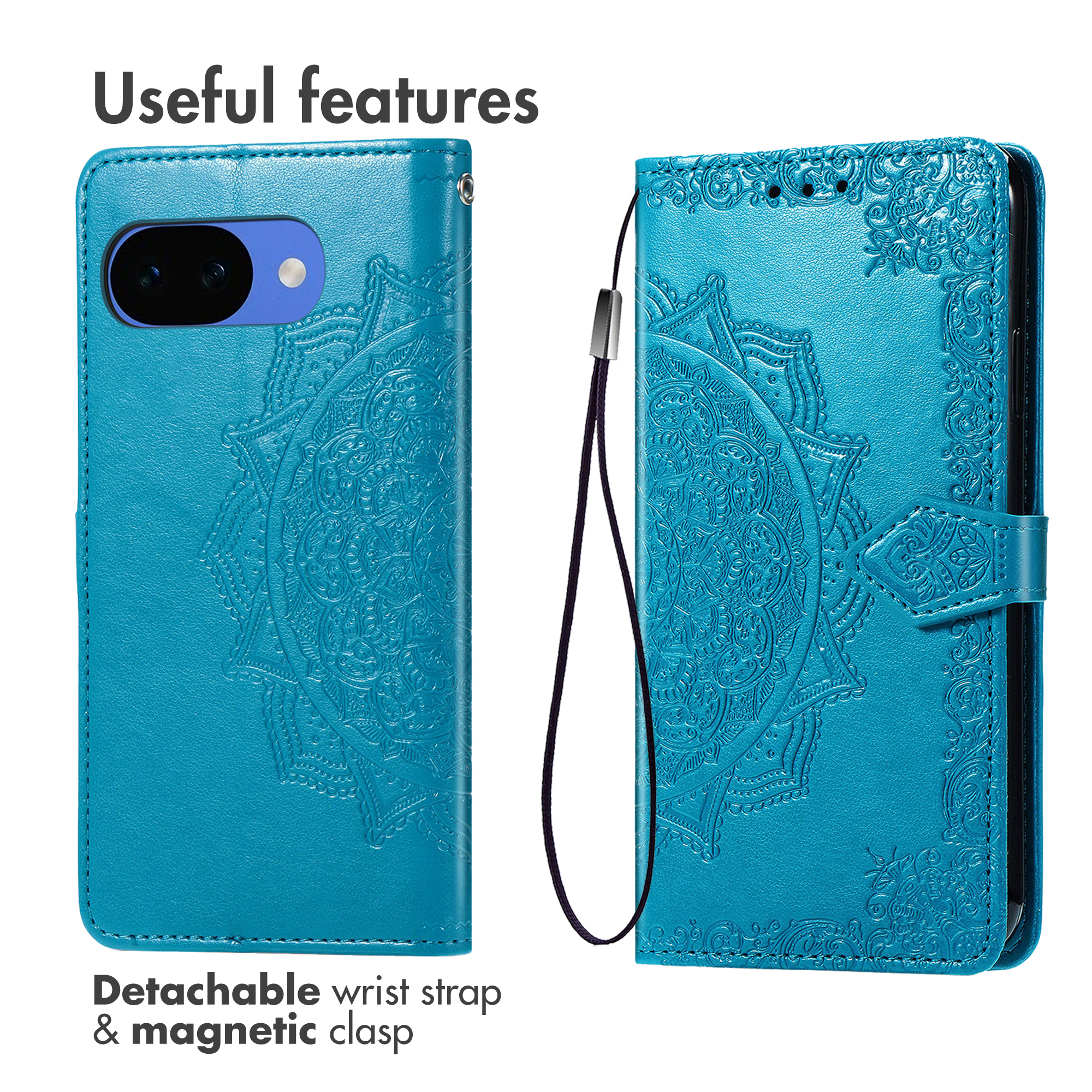 Blue phone case with mandala embossing, detachable wrist strap, and magnetic clasp.
