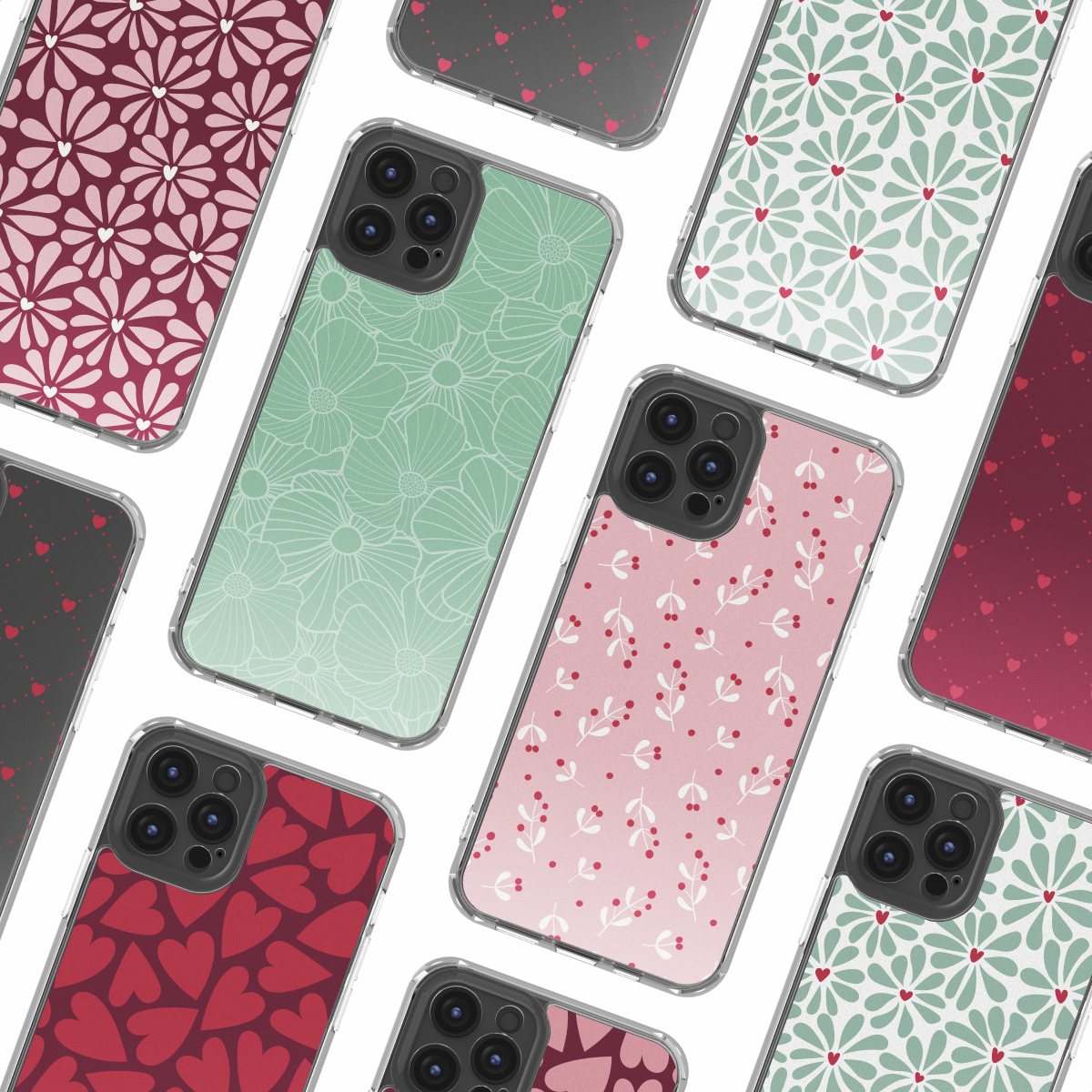 Molteplici custodie per smartphone con motivi floreali e di cuori colorati.