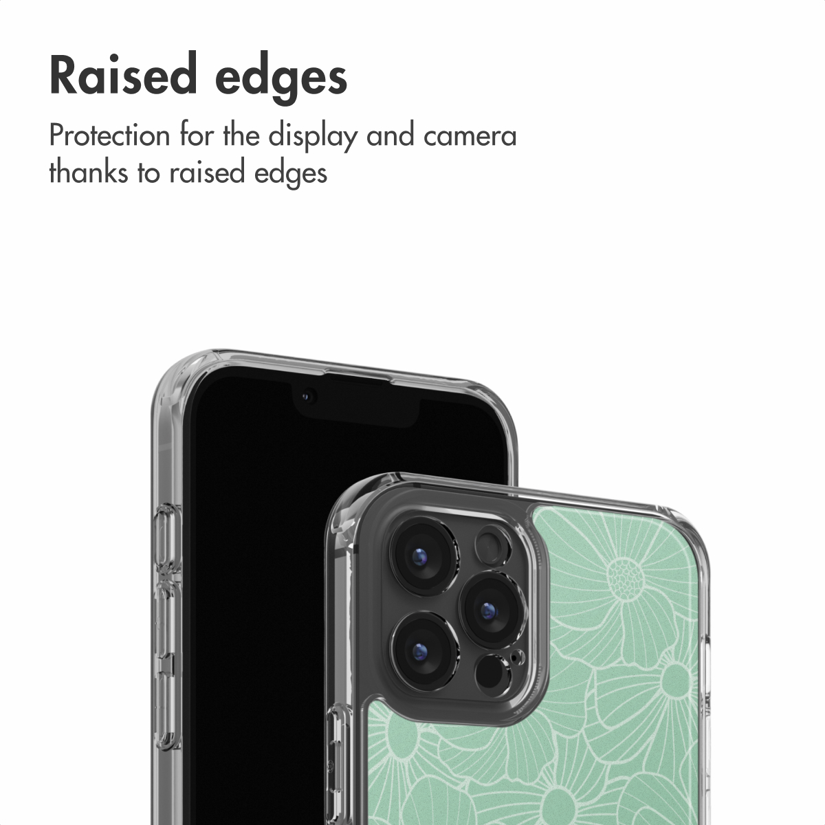 Due smartphone in cover trasparenti con bordi rialzati per proteggere lo schermo e la fotocamera.