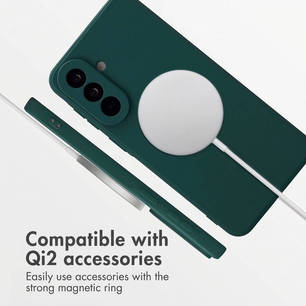 Coque de smartphone vert foncé avec anneau magnétique et texte en bas.