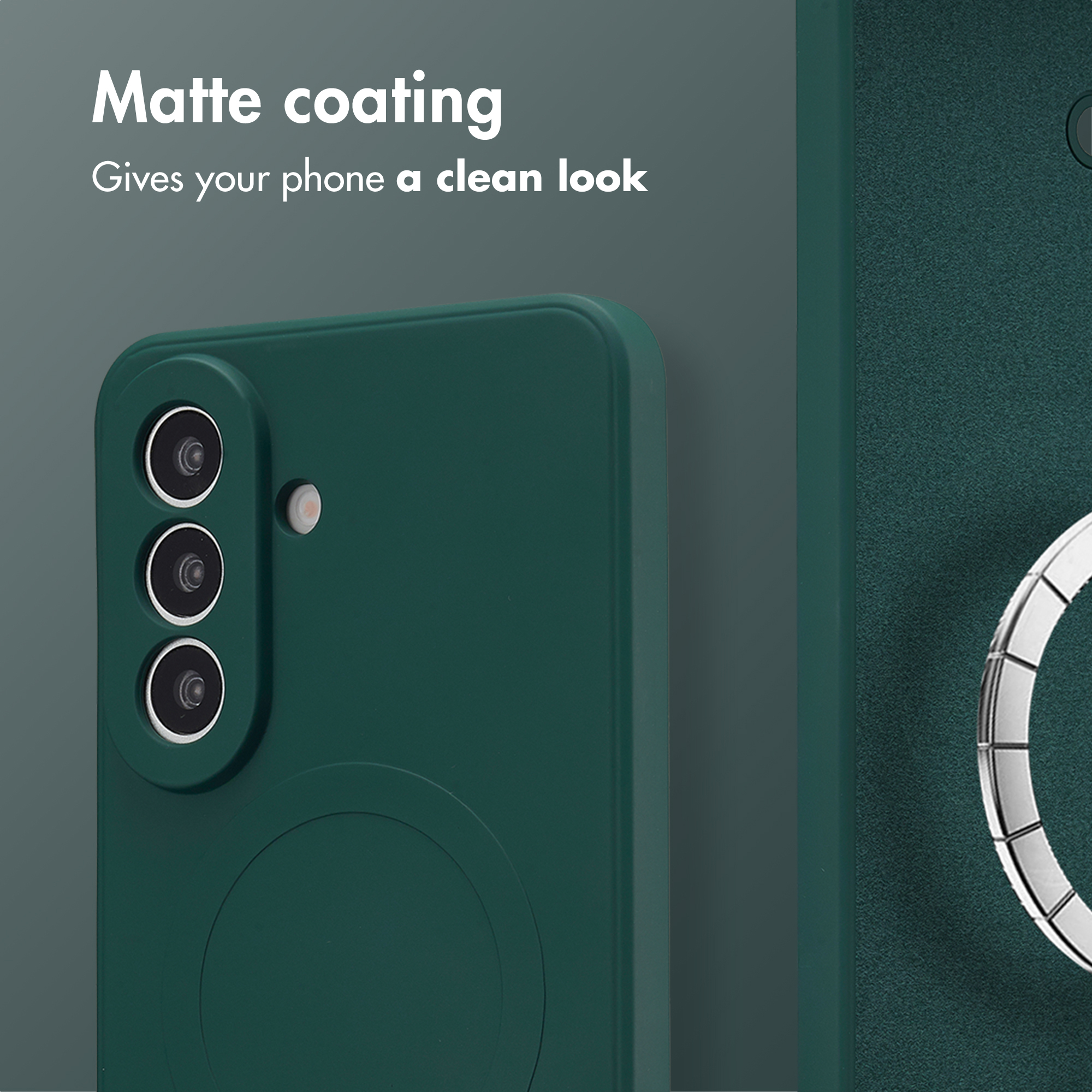 Coque de smartphone vert foncé avec une finition mate, trois découpes pour appareil photo et un anneau intégré au dos.