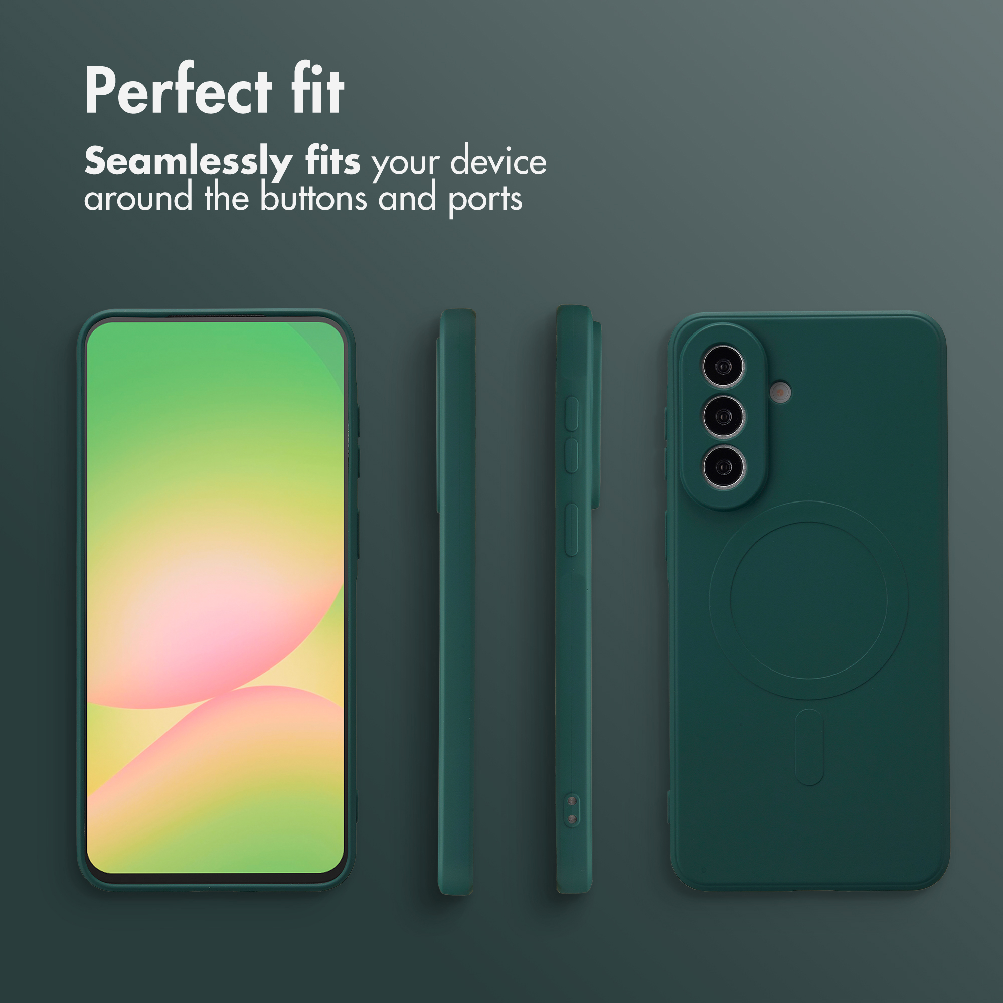 Coque de téléphone verte présentée sous différents angles avec du texte.