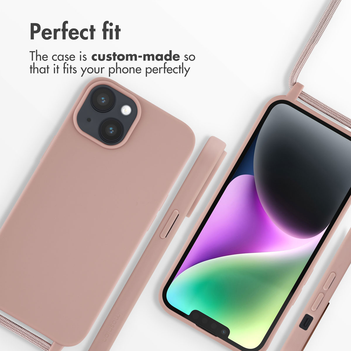 Coque de téléphone rose avec lanière, vue de face et de dos, ajustement sur mesure.