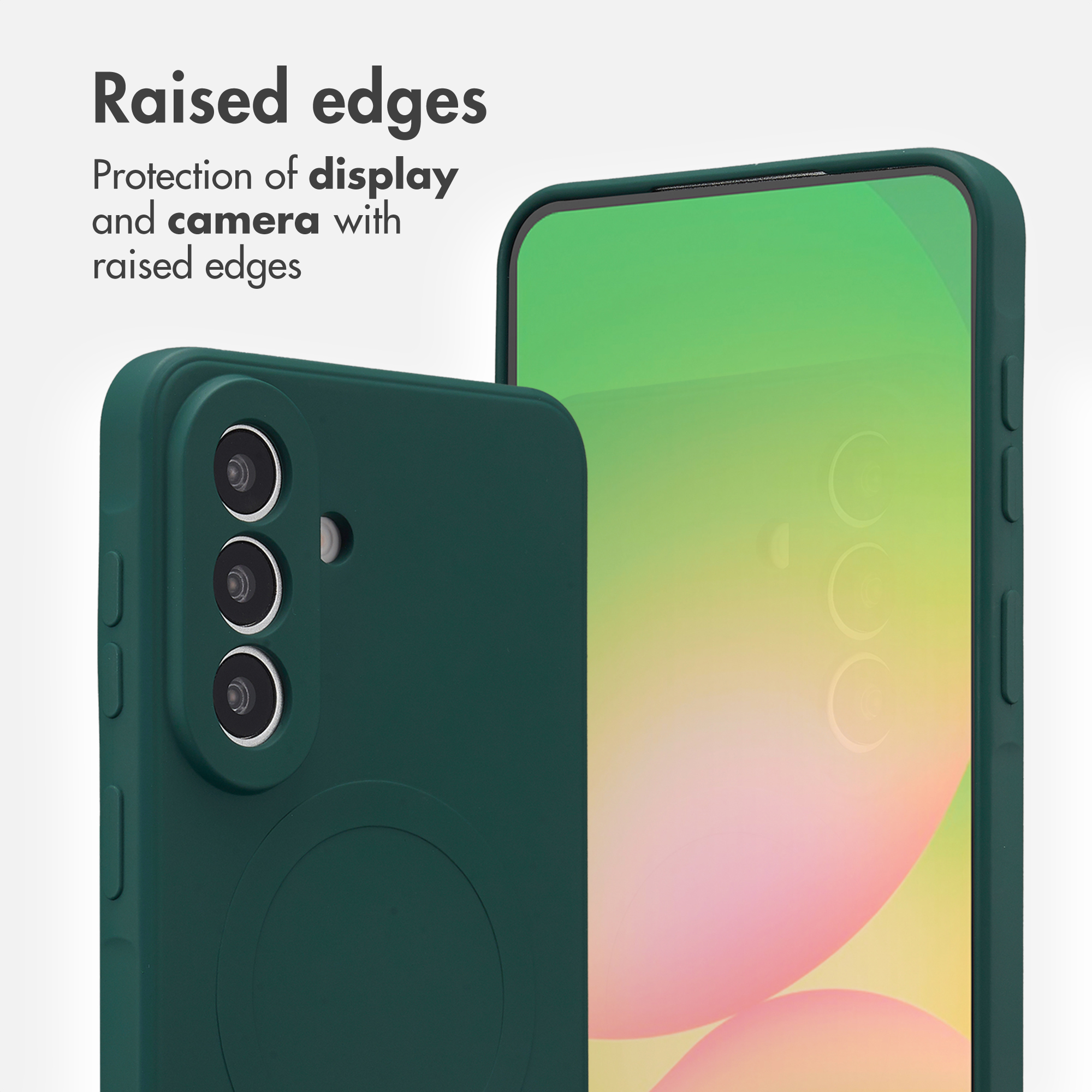 Coque de téléphone verte avec des bords surélevés pour protéger l'écran et l'appareil photo.