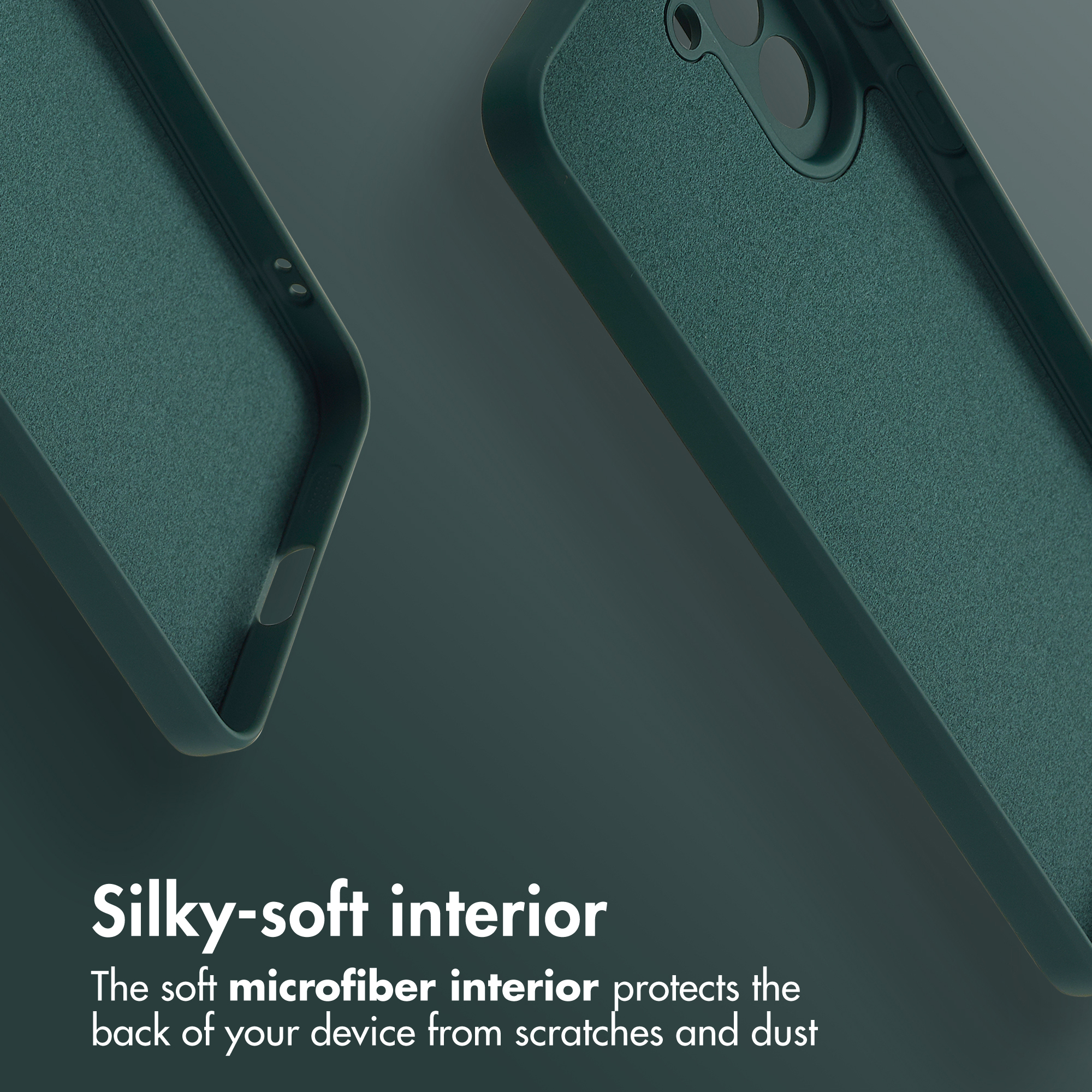 Deux coques de téléphone vert foncé avec intérieur en microfibre douce sur fond sombre, avec du texte publicitaire.