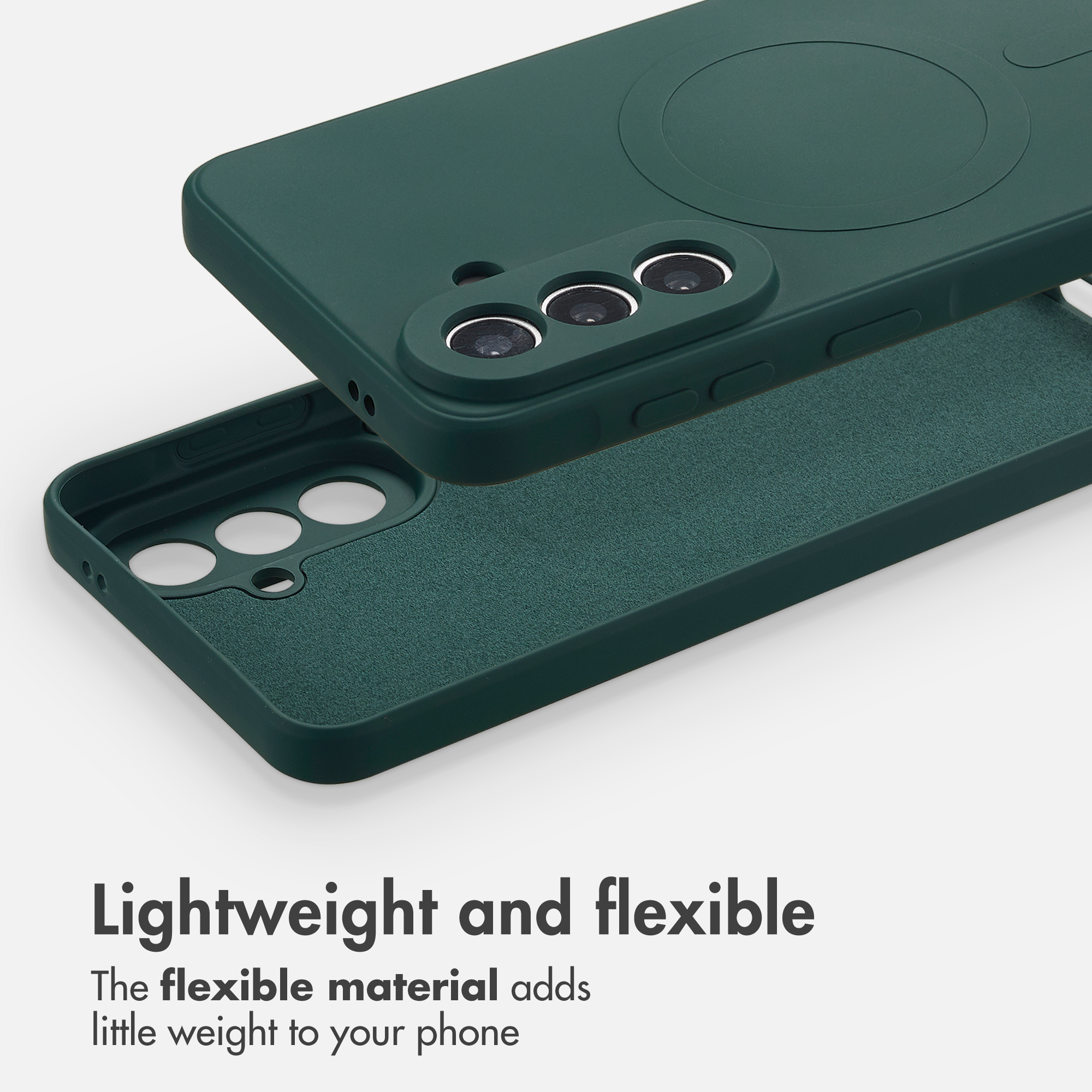 Coque de téléphone souple vert foncé avec anneau MagSafe intégré et découpes précises pour l'appareil photo.