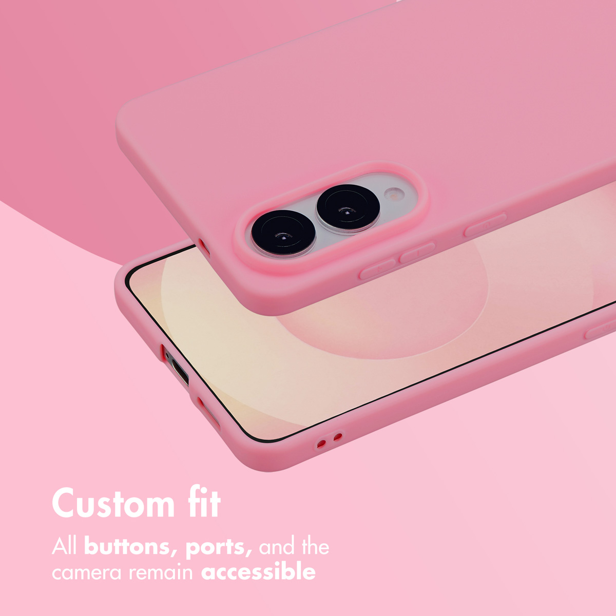 Smartphone rosa en una funda rosa sobre un fondo rosa con texto.