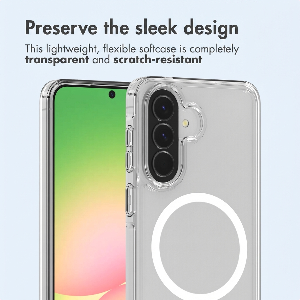 Een doorzichtige smartphonehoes met een cirkelvormige magnetische ring op de achtergrond van lichtblauw.
