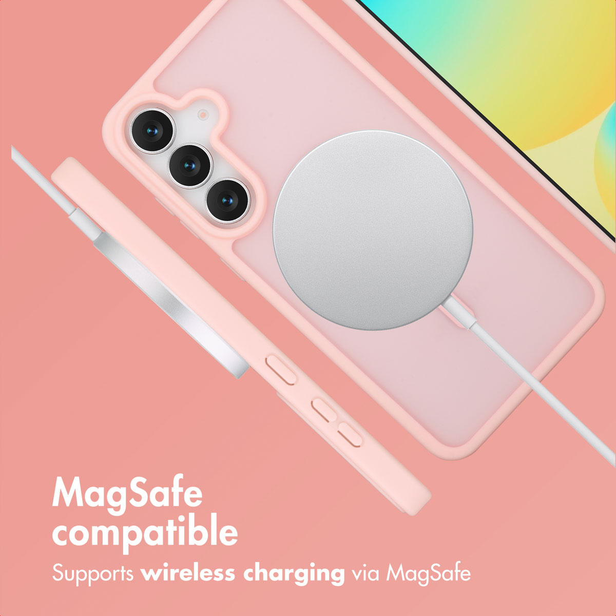 Rosa Handyhülle mit MagSafe-Ladegerät auf rosa Hintergrund, Text MagSafe compatible.
