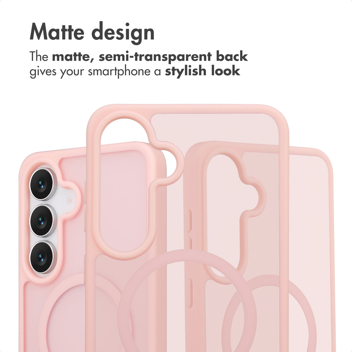 Ein mattes, halbdurchsichtiges rosafarbenes Smartphone-Case mit Kameraausschnitt und Text oben.