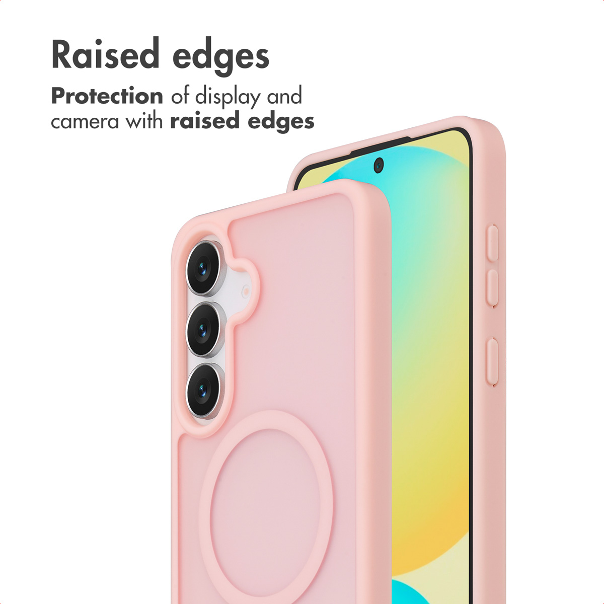 Rosa Smartphone-Hülle mit erhöhtem Rand für Display- und Kameraschutz.