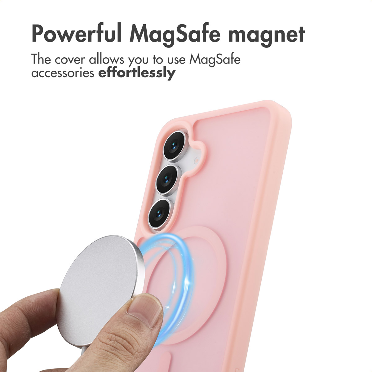 Rosa Handyhülle mit starkem MagSafe-Magneten wird mit Ladegerät gezeigt.