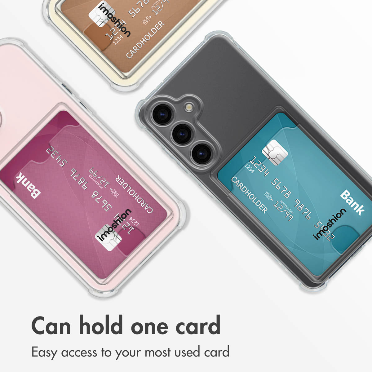 Tres fundas para smartphones con tarjeteros integrados sobre fondo blanco, texto debajo.