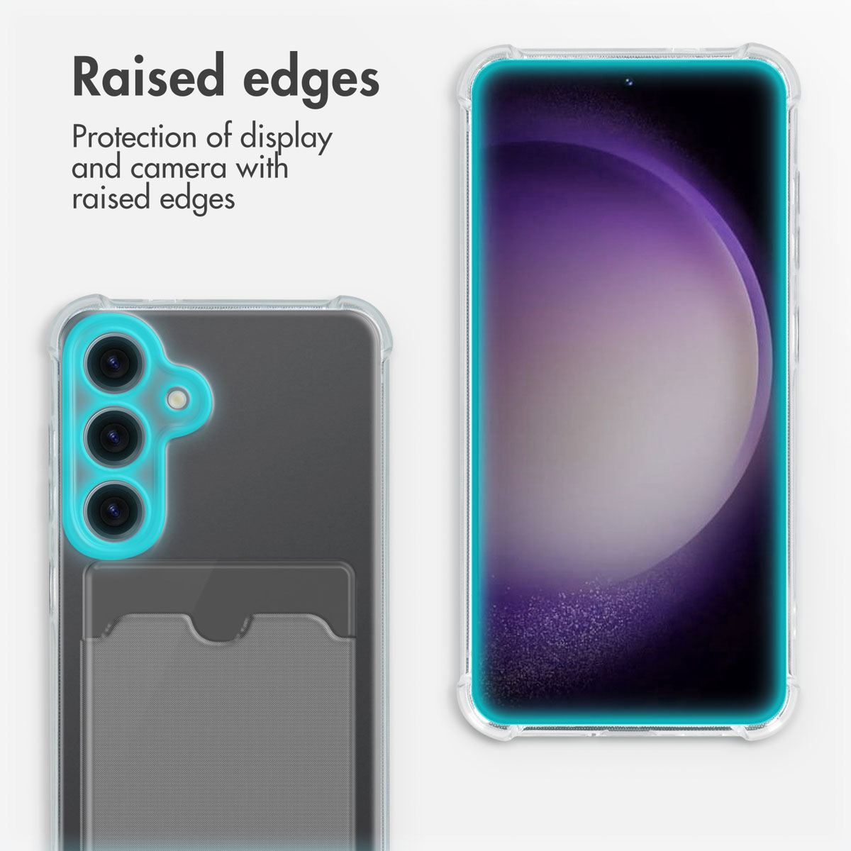 Los bordes elevados de una funda transparente protegen la pantalla y la cámara, resaltados en turquesa.