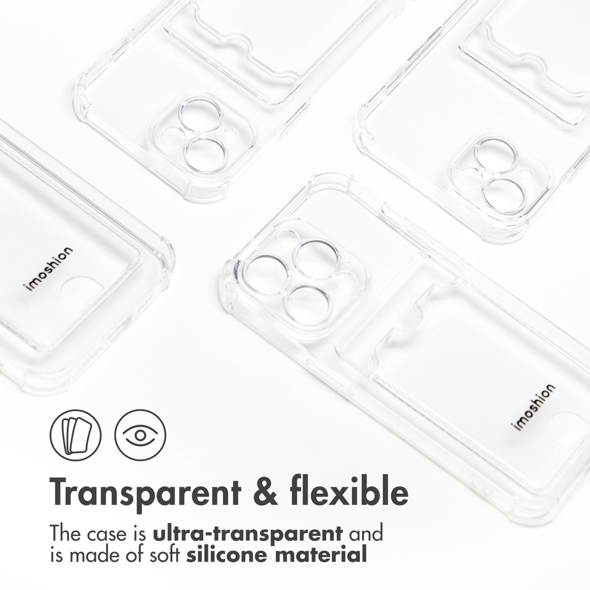 Cuatro fundas de silicona transparentes para móviles con tarjetero integrado sobre fondo blanco y texto.