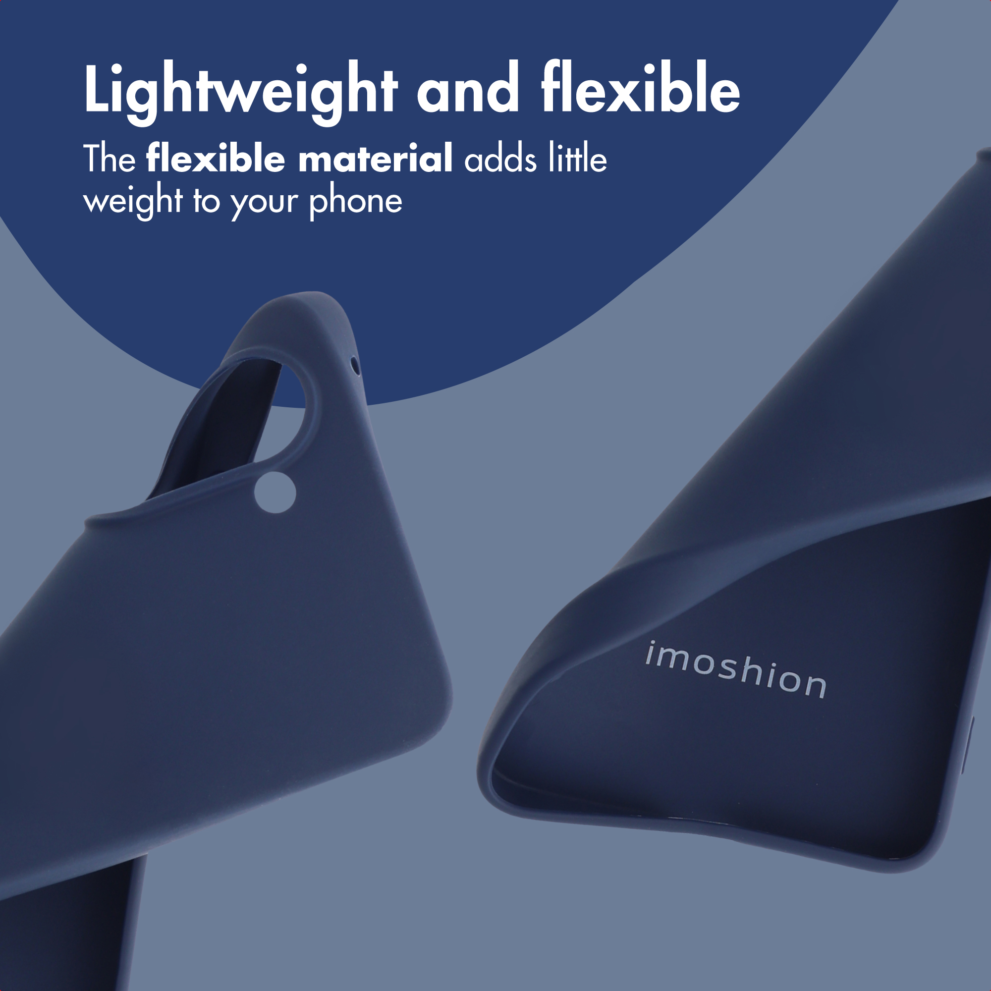 Custodia per telefono imoshion blu flessibile su sfondo blu con testo.