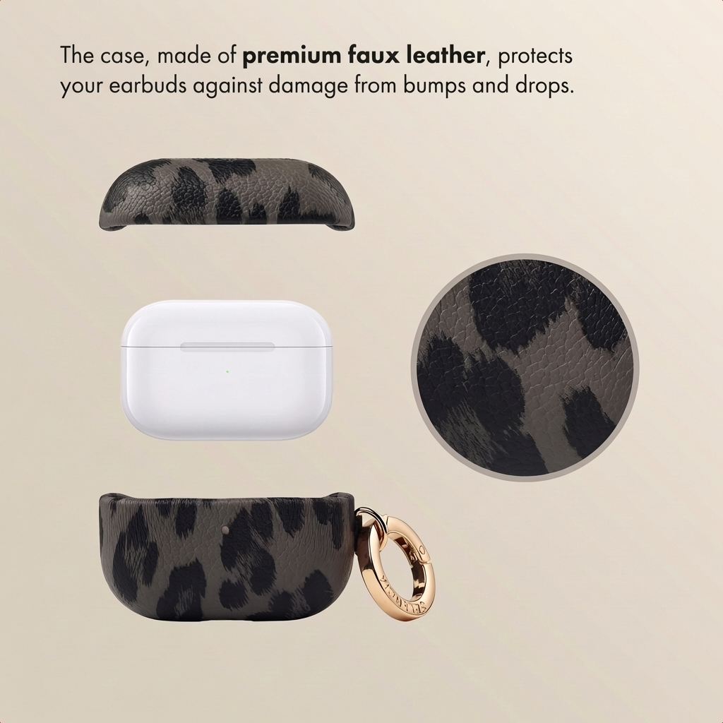 Un estuche de carga blanco flota entre partes de una funda de cuero sintético gris con estampado de leopardo y aro dorado.