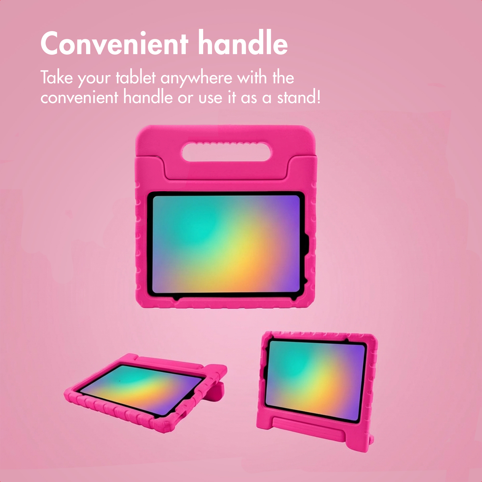 Custodia per tablet rosa con maniglia mostrata frontalmente, angolata e come supporto su sfondo rosa.