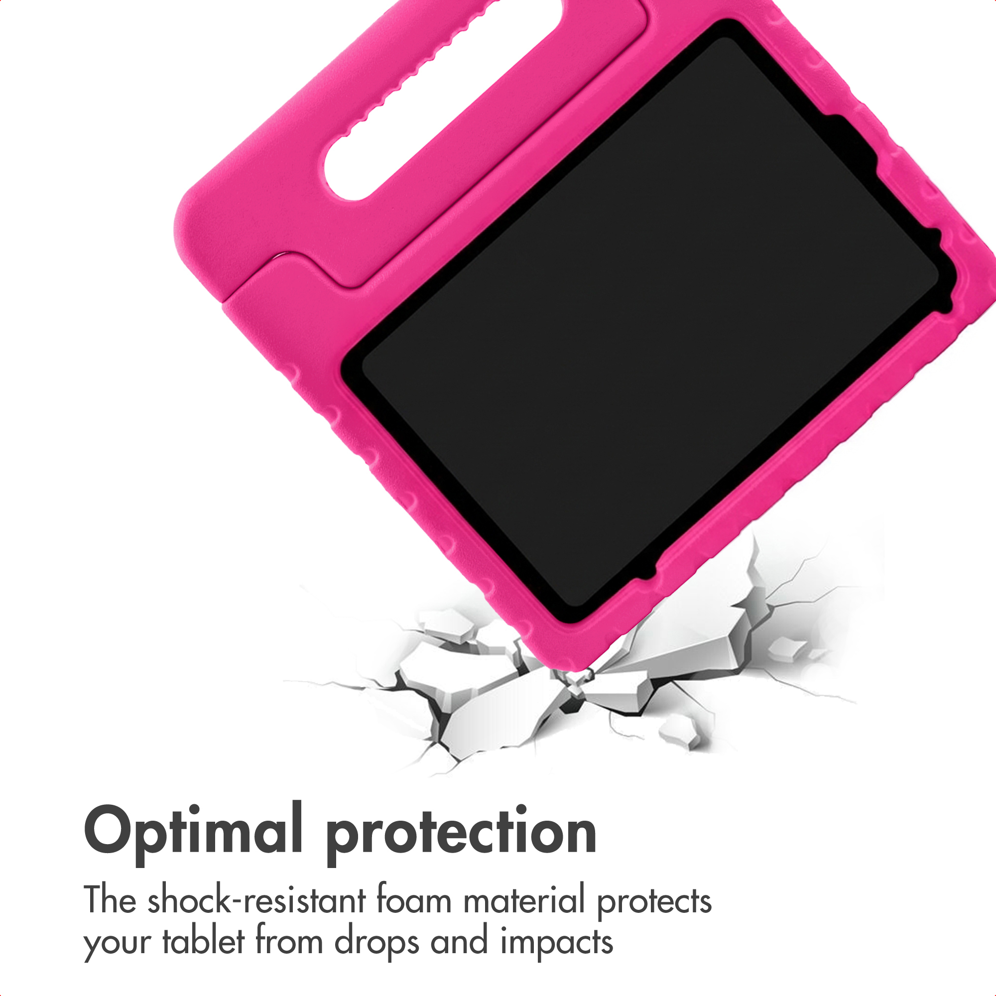 Una custodia rosa antiurto protegge il tablet all'interno dai danni.