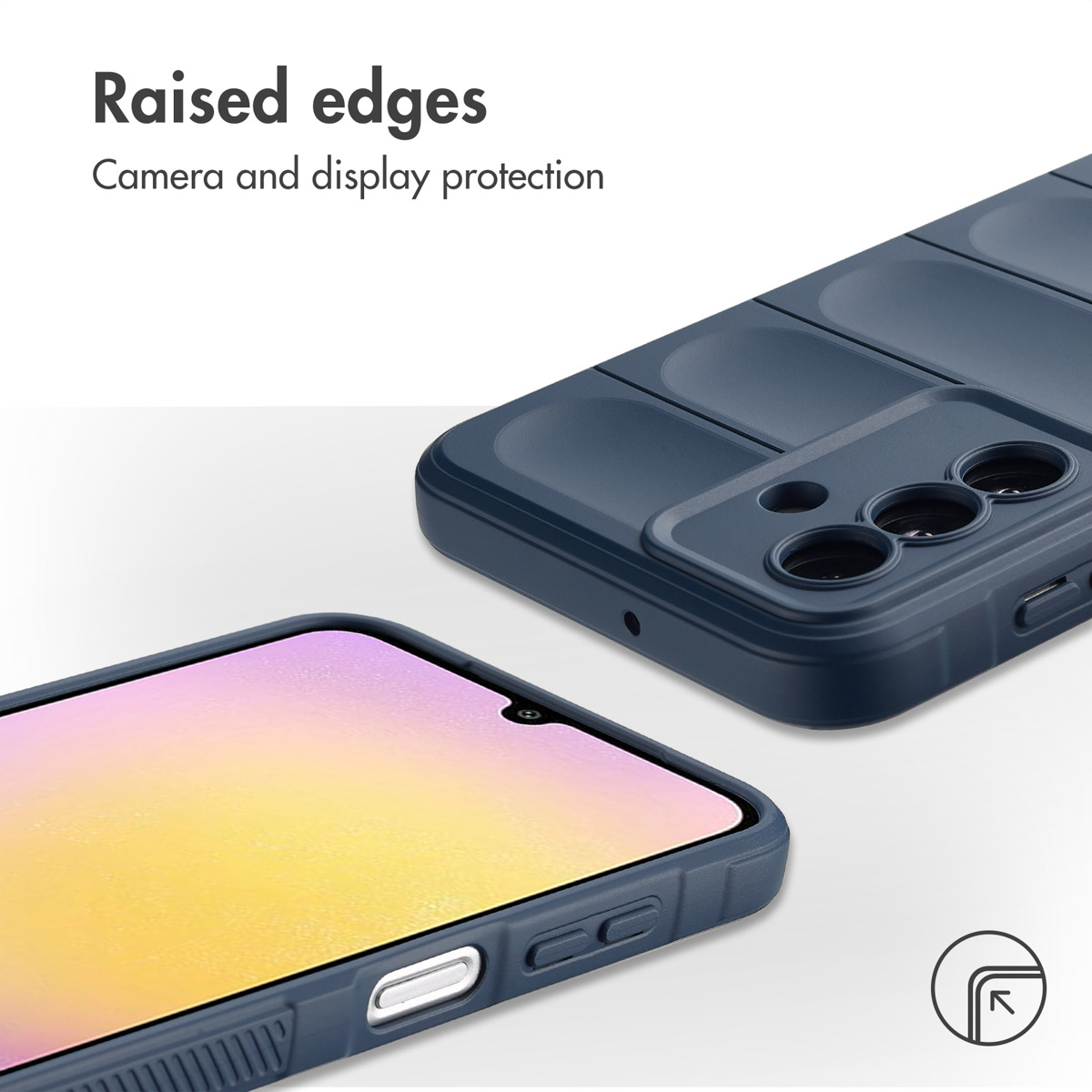 Primer plano de una funda azul con bordes elevados para proteger la cámara y la pantalla.