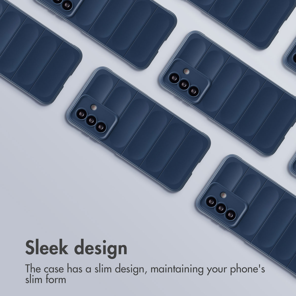 Múltiples fundas de teléfono azul oscuro acolchadas en un fondo claro con texto.