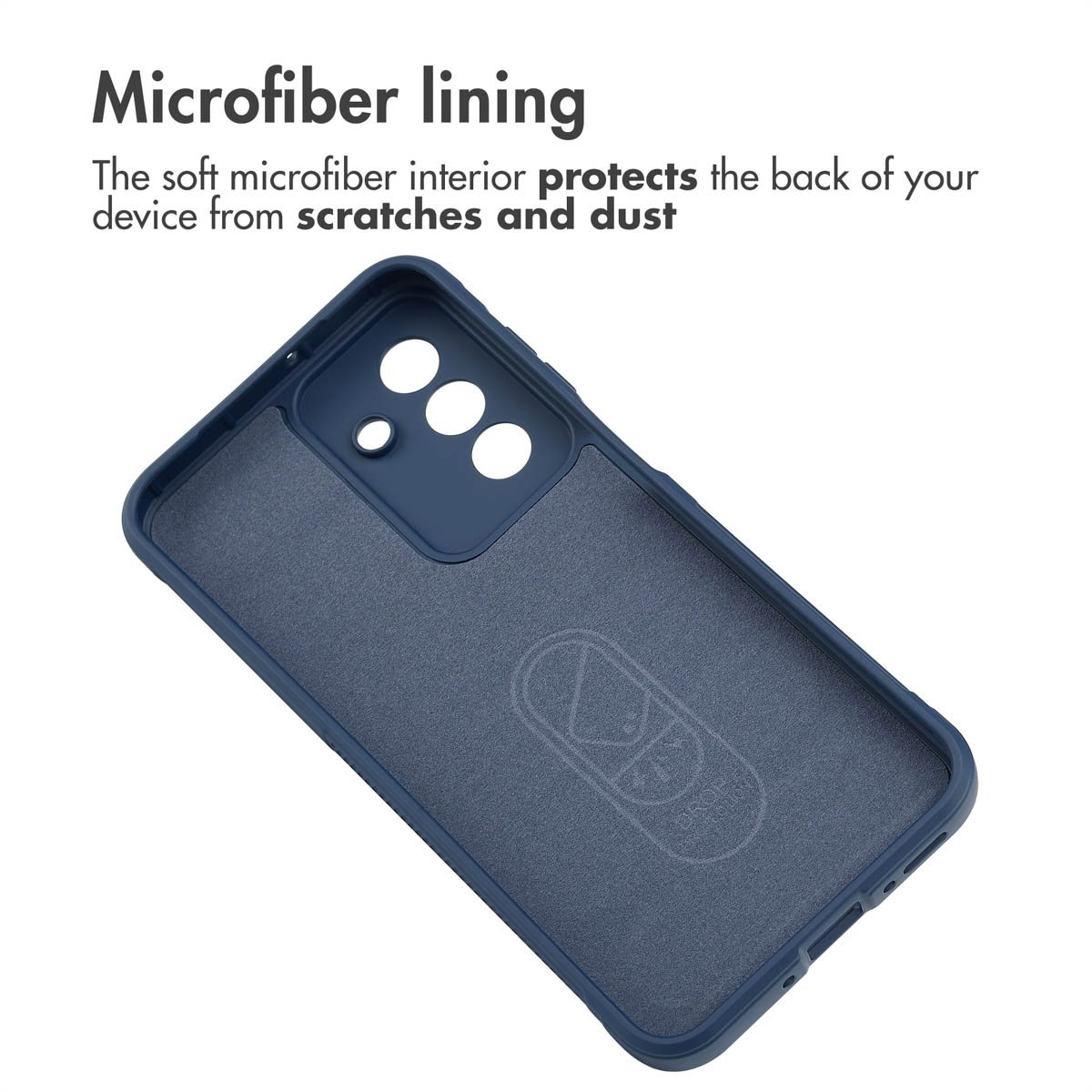 Interior de una funda azul para teléfono con forro de microfibra suave que protege contra arañazos y polvo.