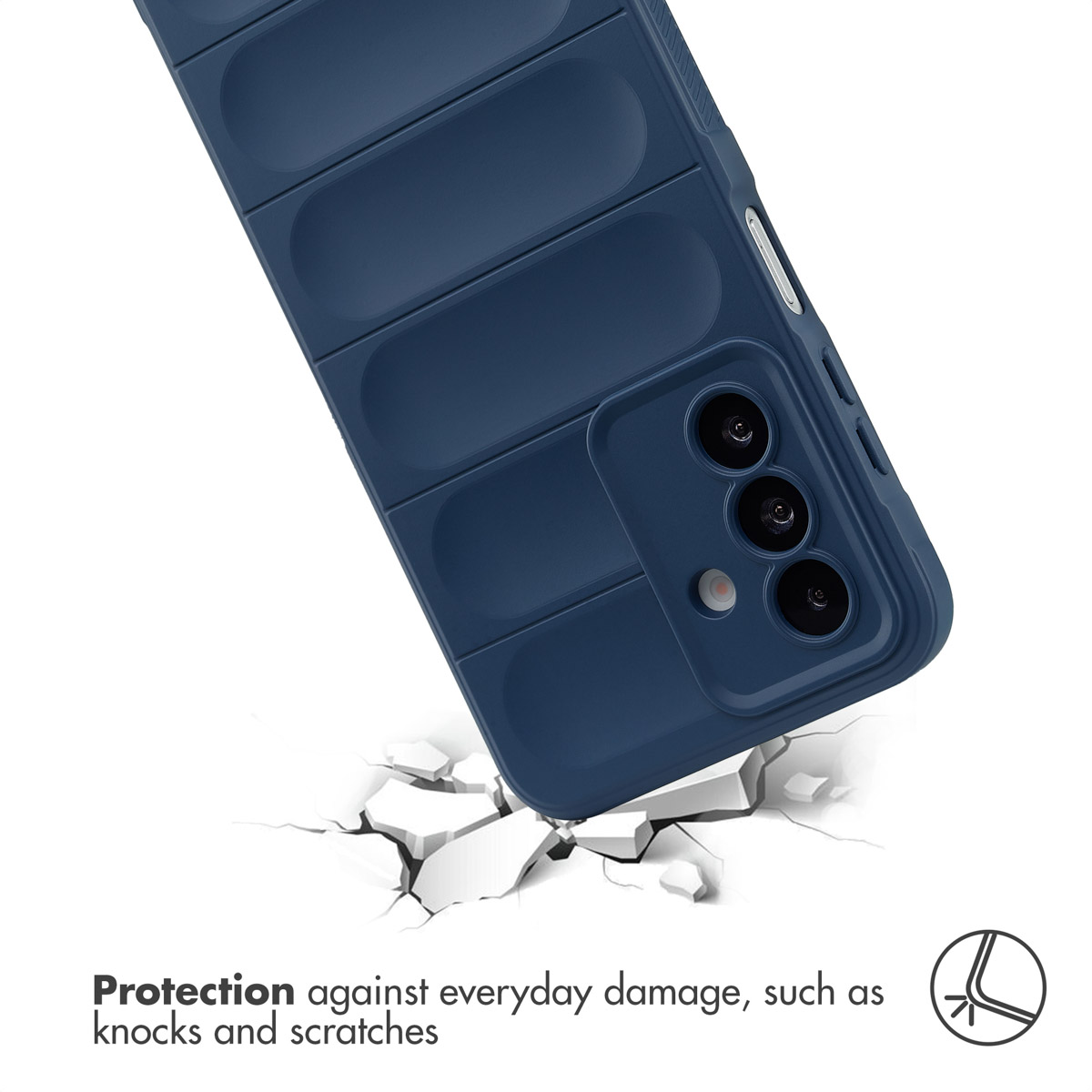 Una funda azul para teléfono con parte trasera acanalada sobre una superficie blanca agrietada con texto protector.