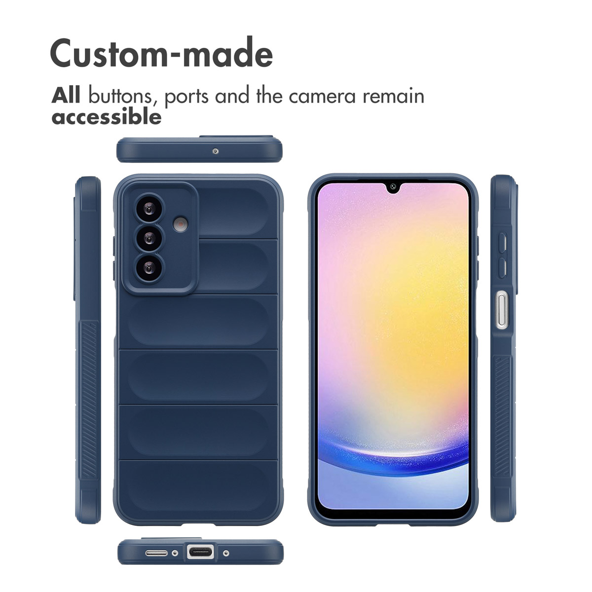 Funda azul personalizada mostrada desde varios ángulos con botones y puertos accesibles.