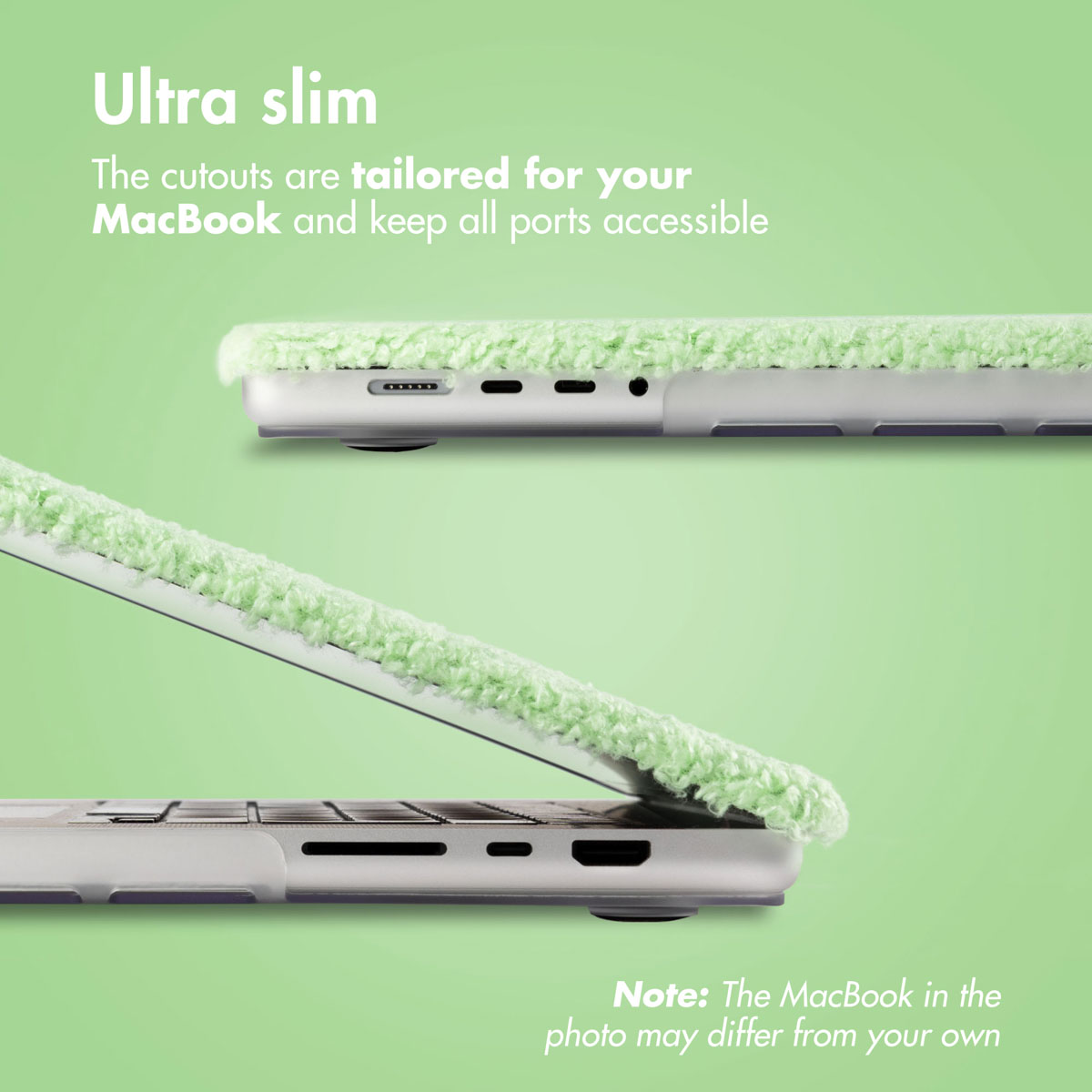 Un MacBook en una funda delgada y esponjosa de color verde claro con recortes precisos para los puertos.
