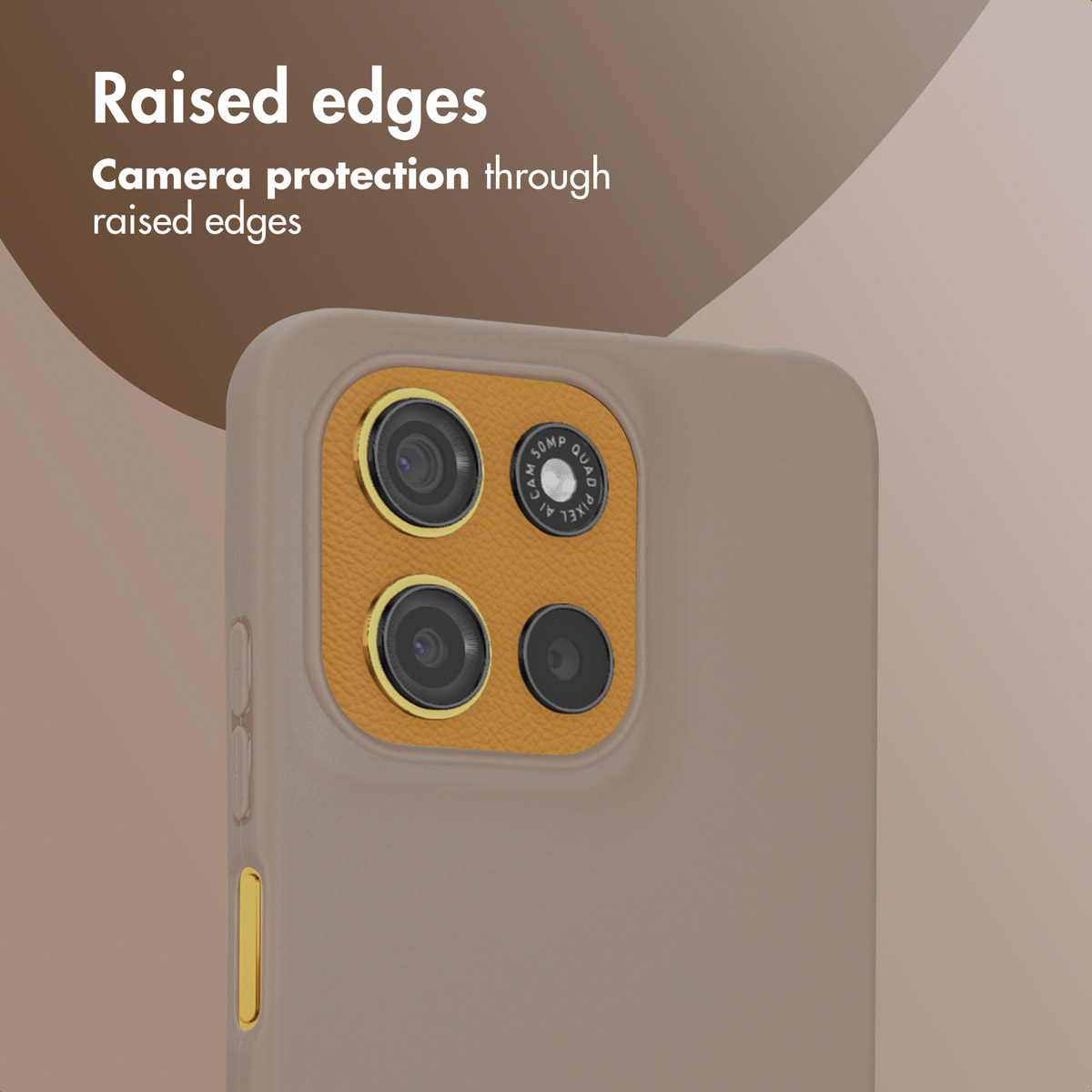 Funda de móvil beige con módulo de cámara dorado y naranja, destacando bordes elevados.