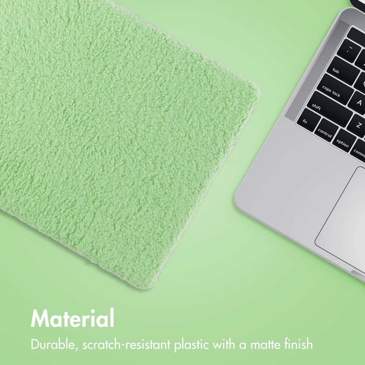 Un paño de tela verde y un portátil sobre fondo verde claro, con texto 'Material' y descripción abajo.