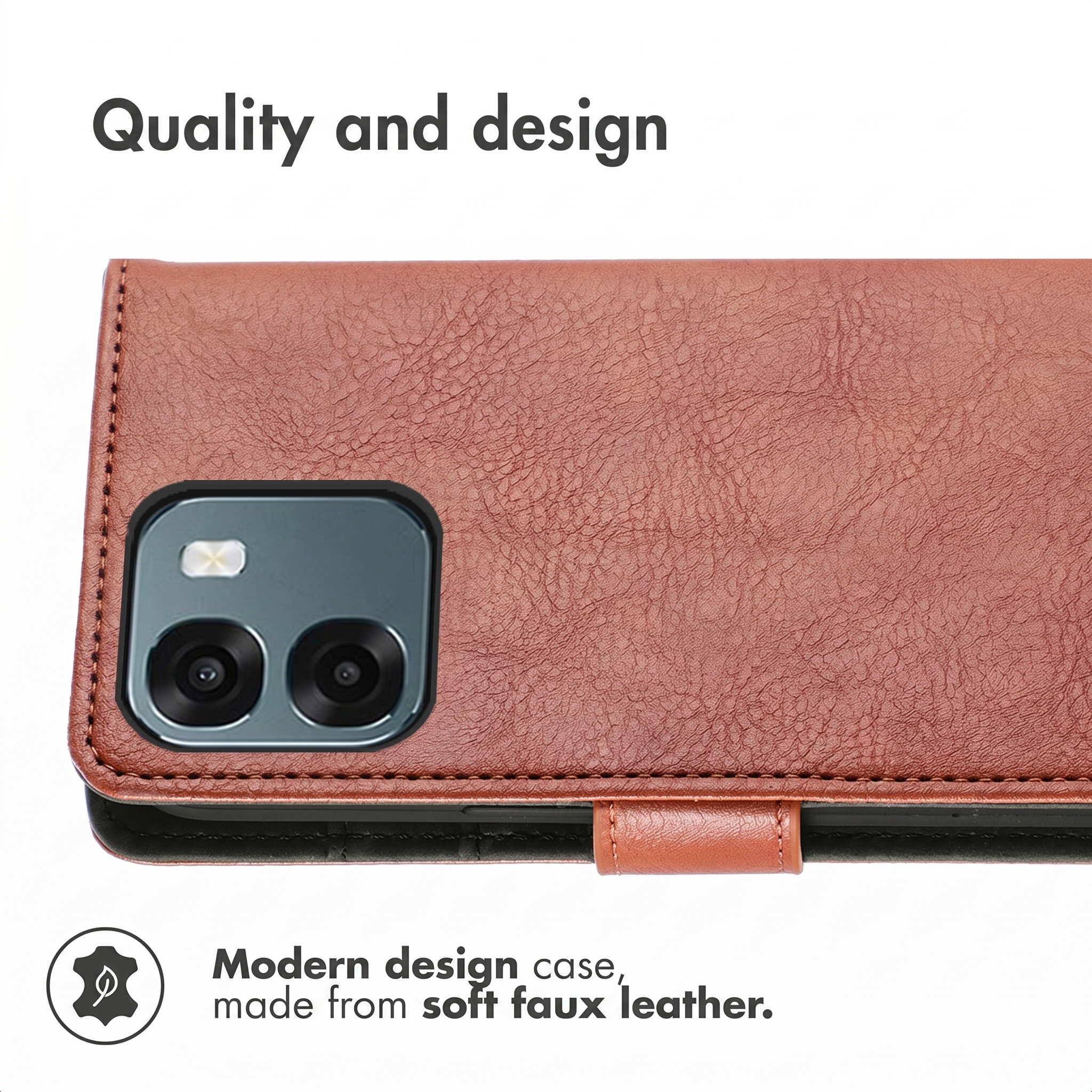 Funda de teléfono de cuero marrón con recorte para cámara y texto sobre calidad y diseño.
