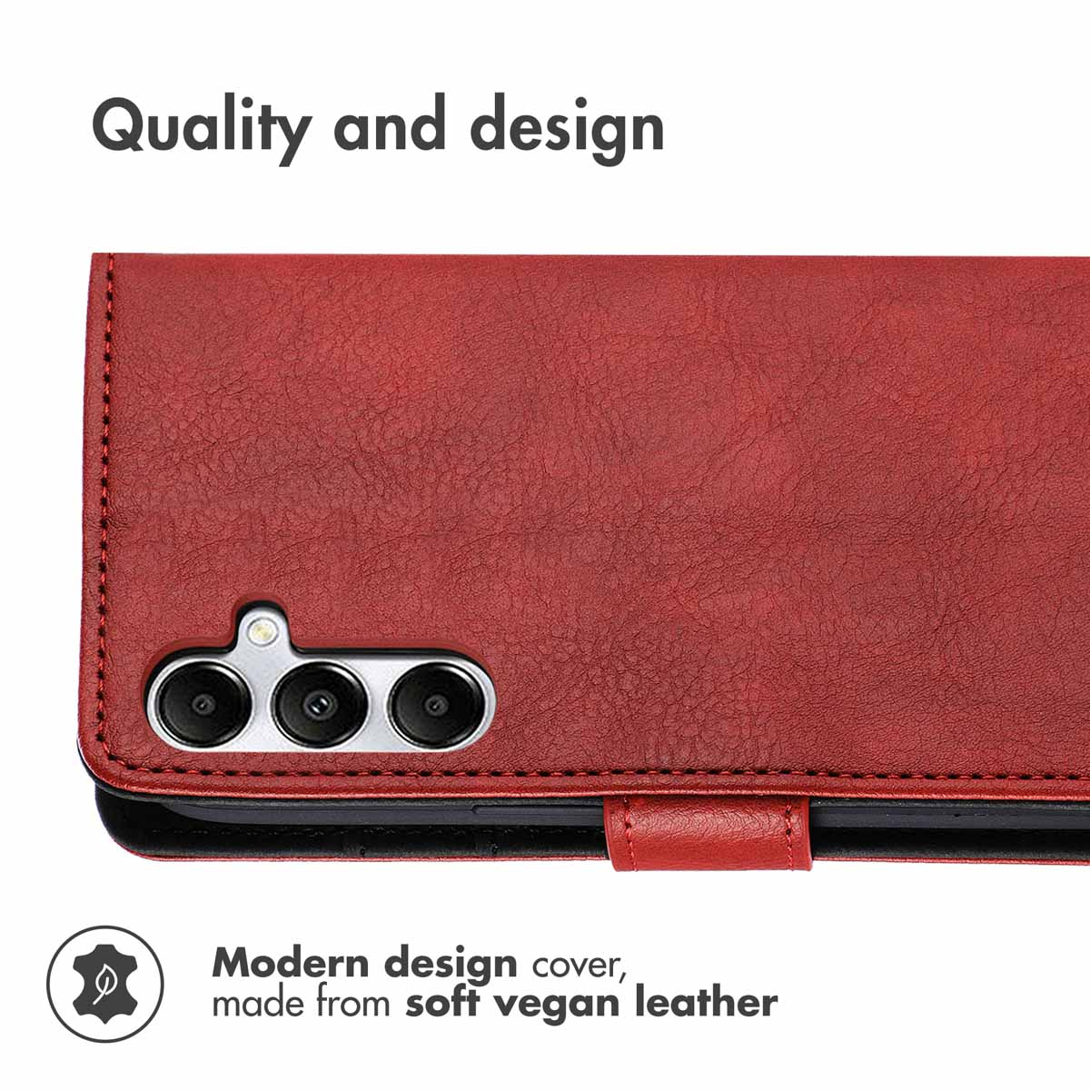 Rote vegane Leder-Handyhülle mit Kameraaussparung und Text.