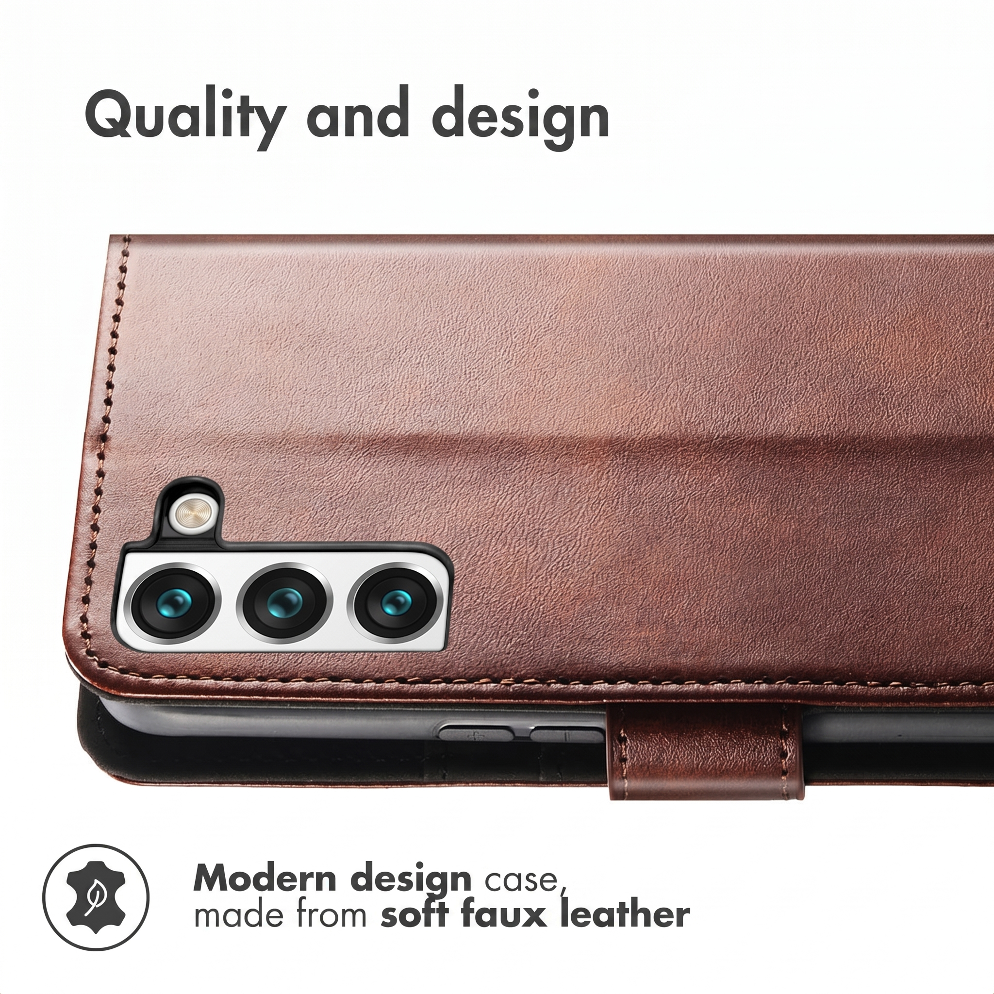 Brown faux leather smartphone case with a camera cutout and white text.