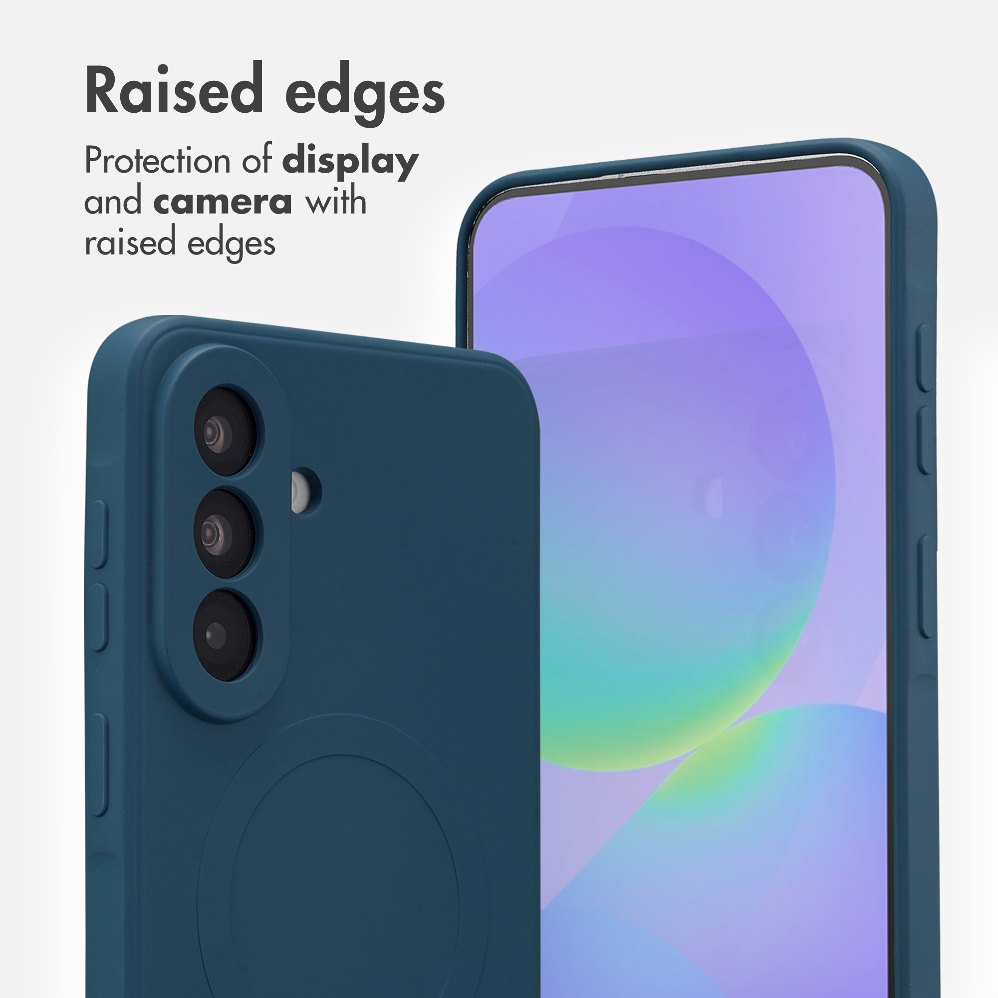 Una cover blu per smartphone evidenzia i bordi rialzati per la protezione di display e fotocamera.