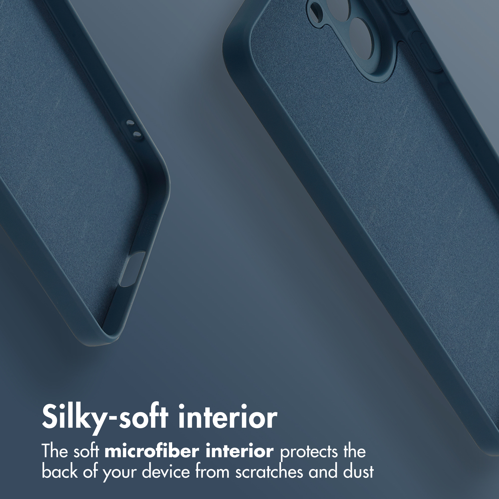 Custodie per cellulare blu scuro con morbido interno in microfibra su sfondo blu.