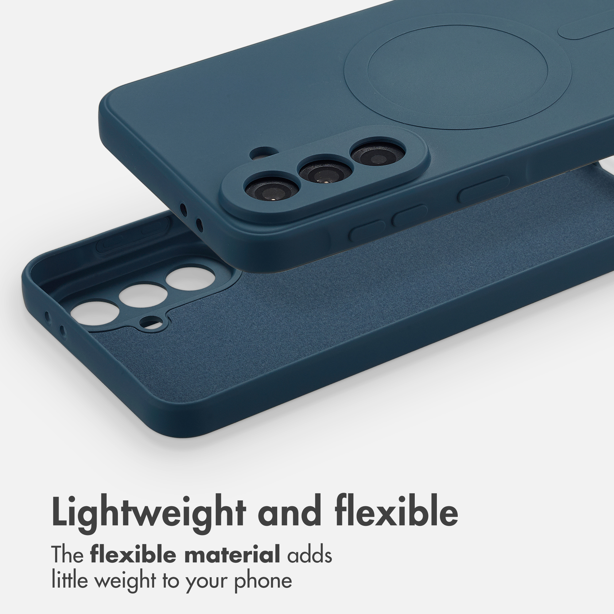 Custodia per telefono in silicone blu scuro in due parti con pulsanti e cerchio magnetico.