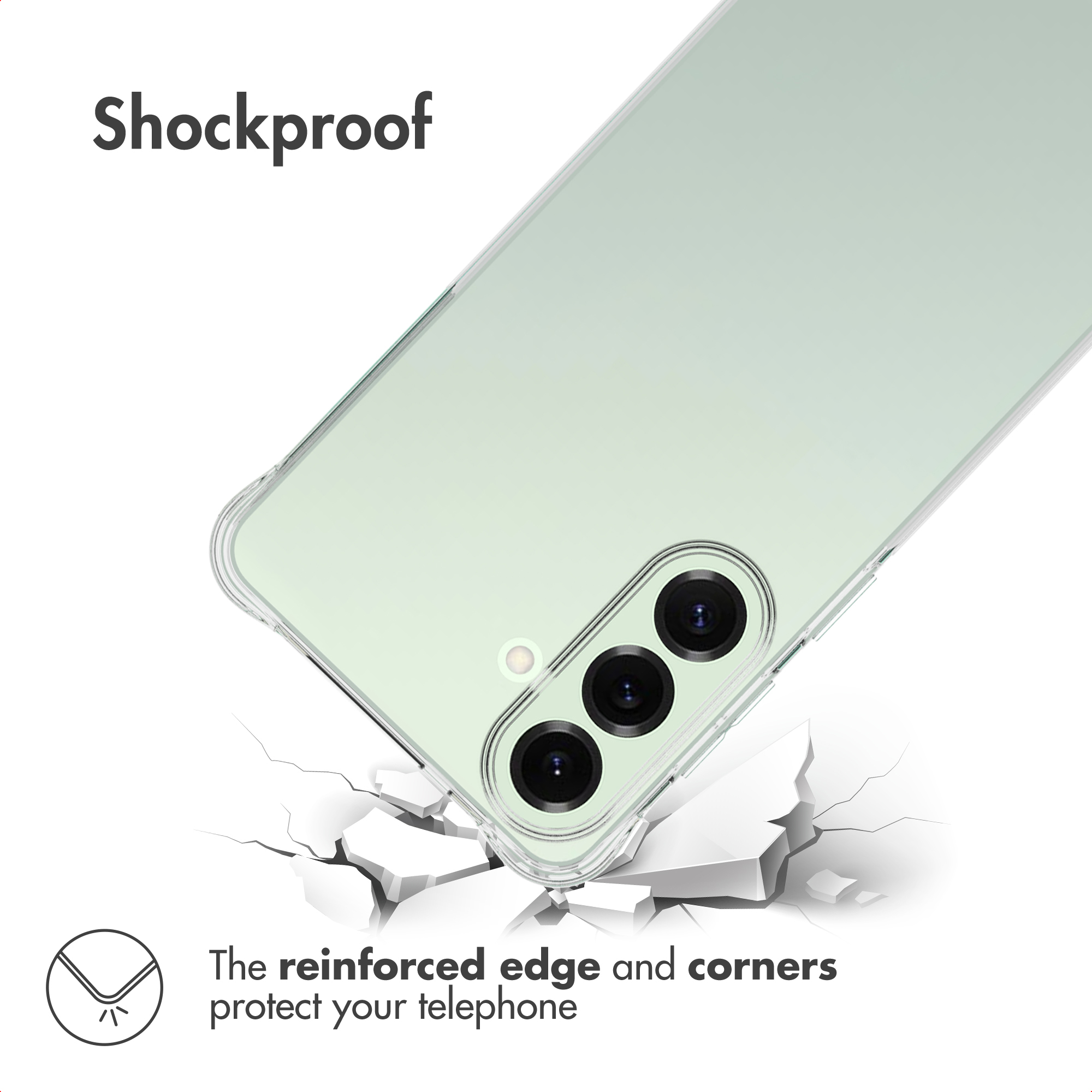 Un teléfono verde claro con funda transparente sobre suelo blanco agrietado, destacando esquinas antichoque.