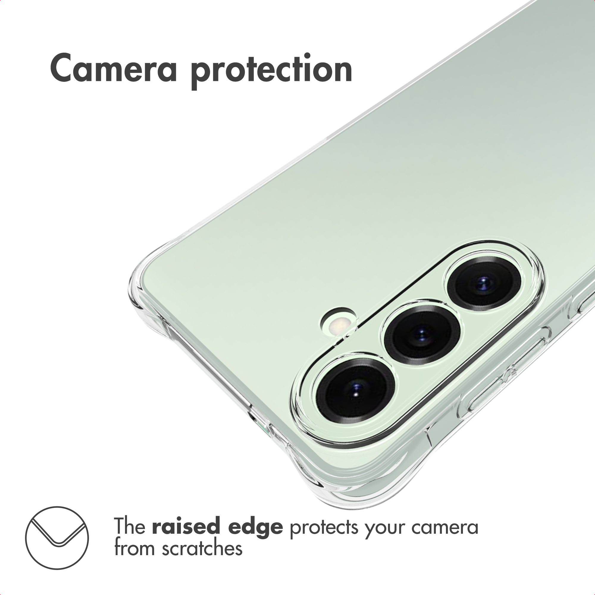 Un smartphone en una funda protectora transparente que protege la cámara de arañazos.