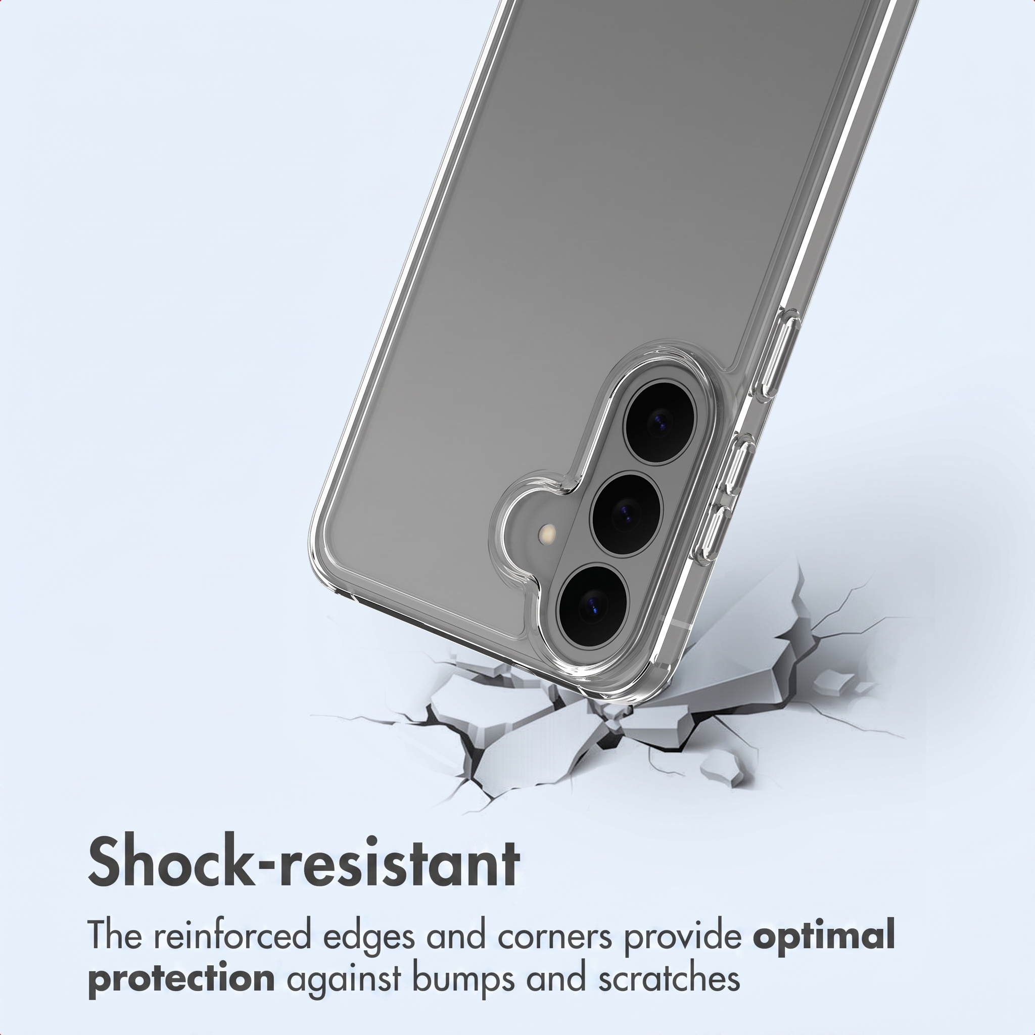Un smartphone dans une coque transparente au-dessus d'une surface fissurée avec du texte.